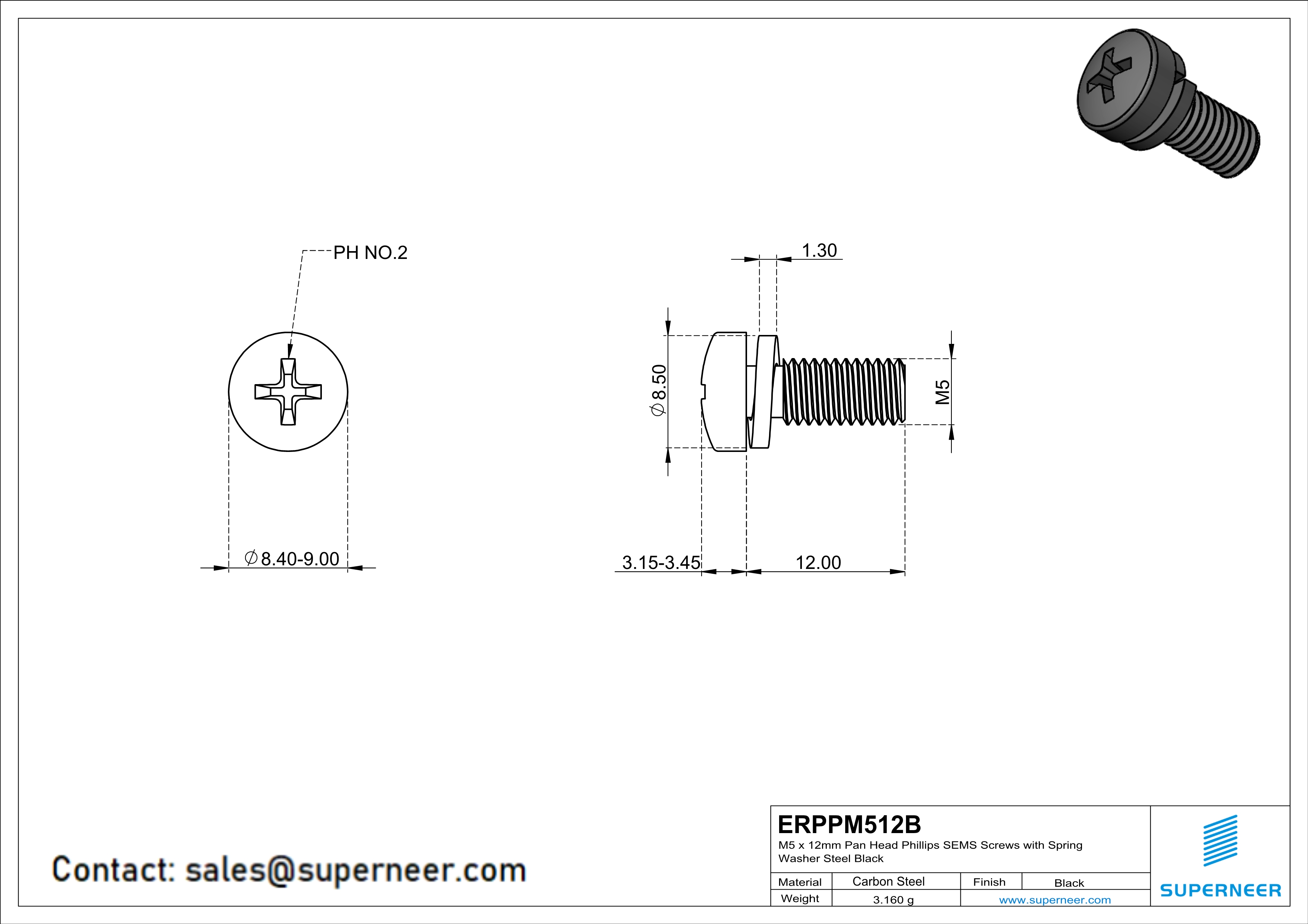 M5 x 12mm Pan Head Phillips SEMS Screws with Spring Washer Steel Black