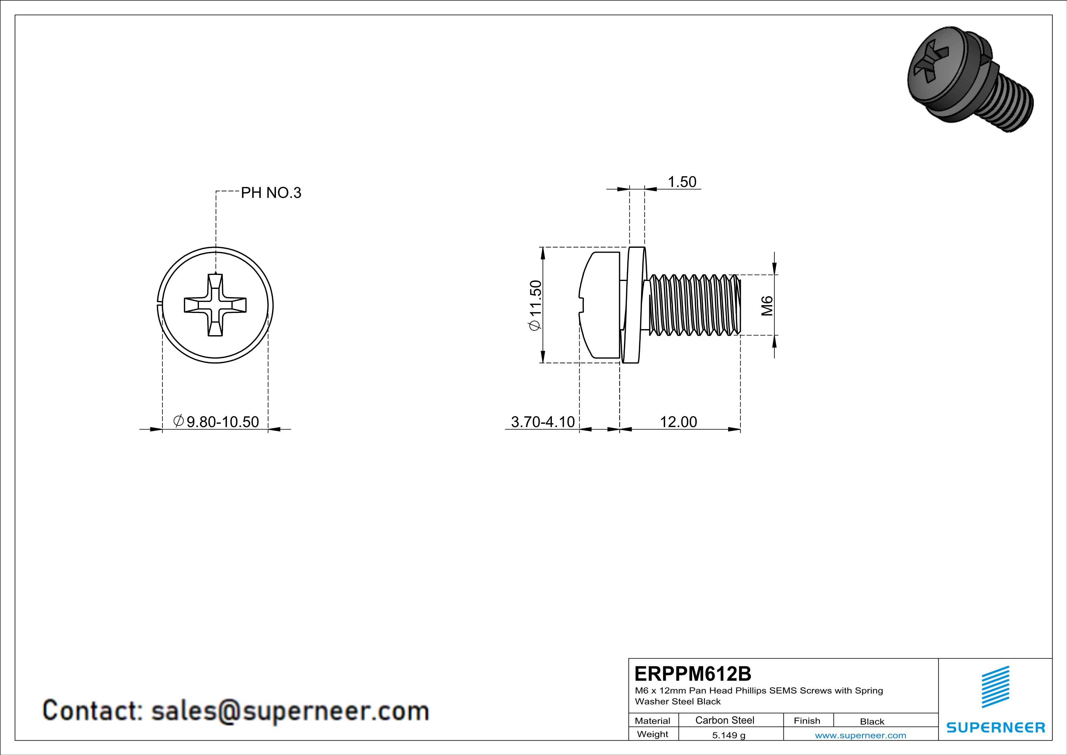 M6 x 12mm Pan Head Phillips SEMS Screws with Spring Washer Steel Black