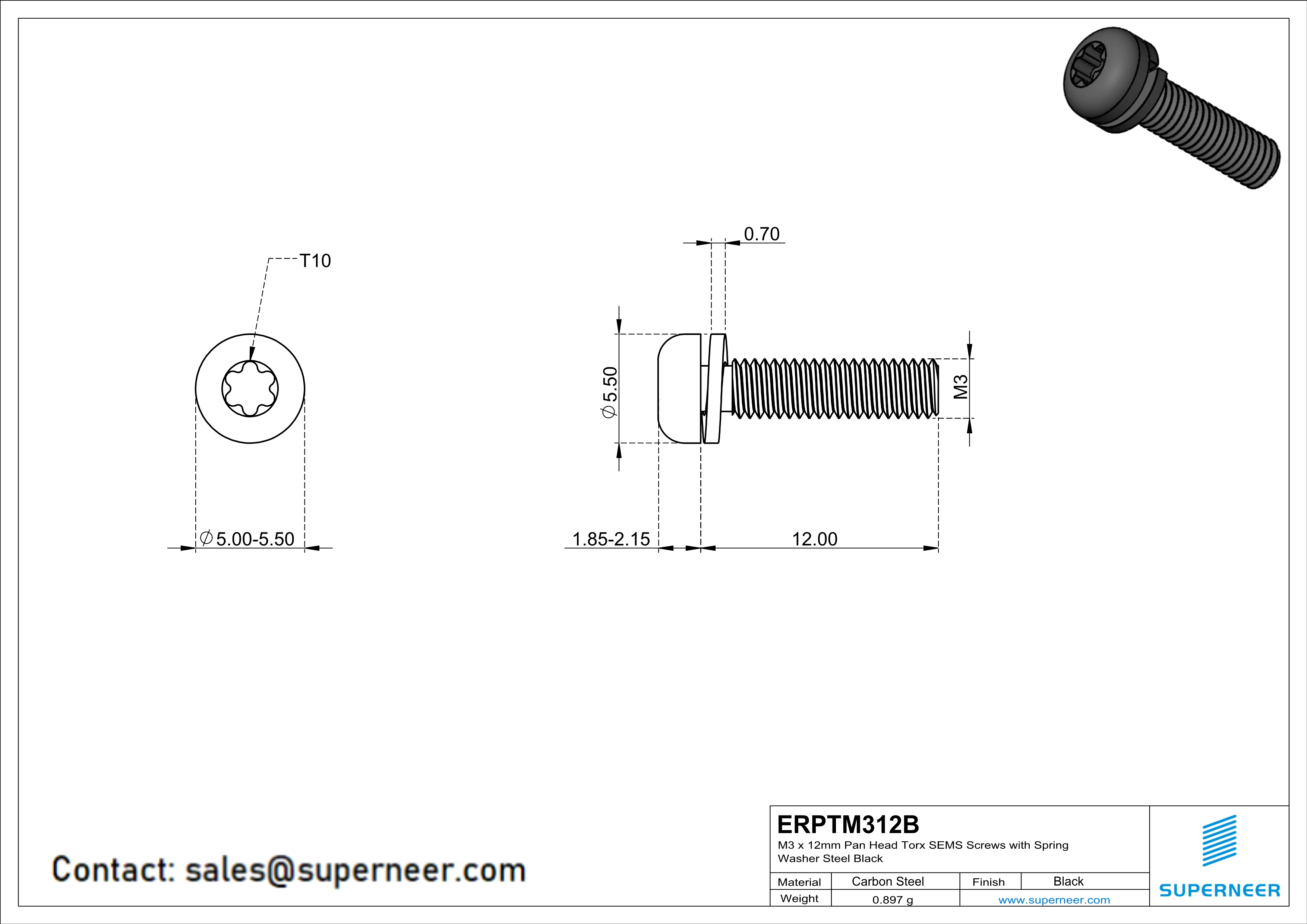M3 x 12mm Pan Head Torx SEMS Screws with Spring Washer Steel Black