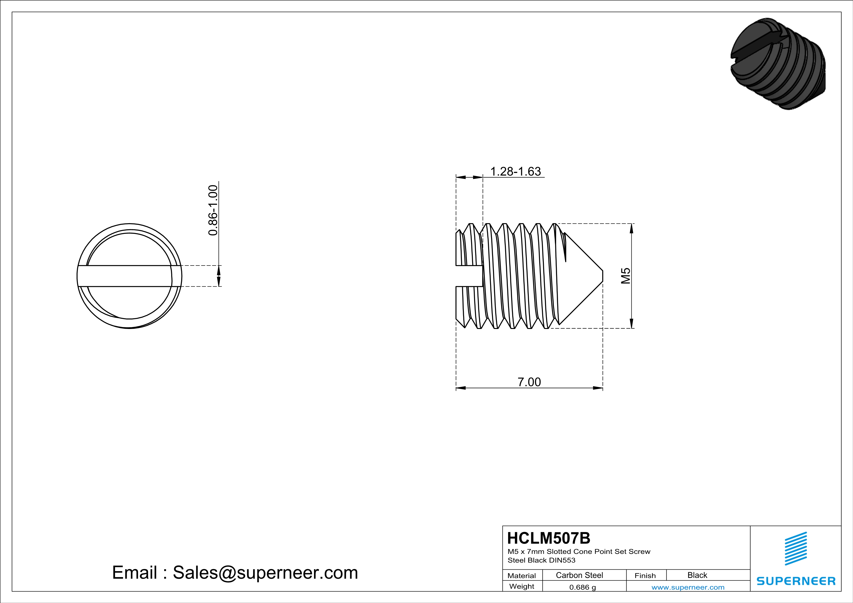 M5 x 7mm Slotted Cone Point Set Screw Steel Black DIN553