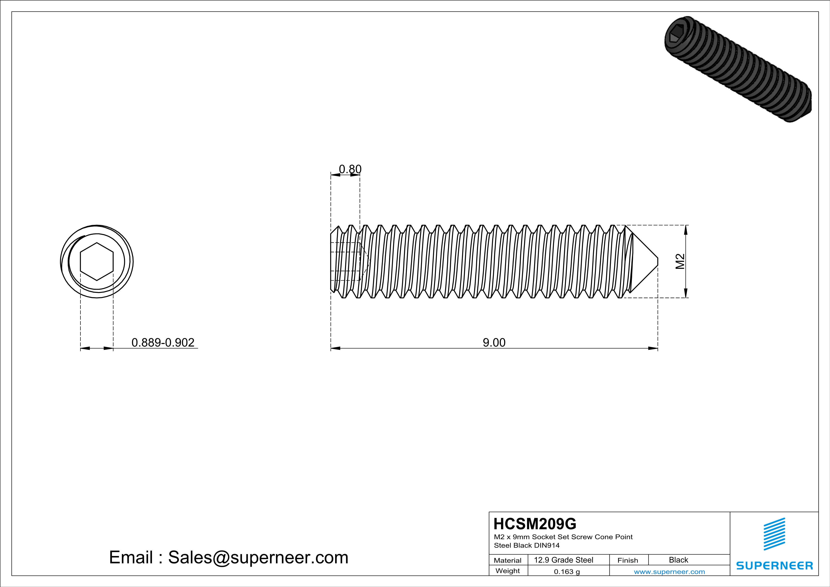 M2 x 9mm Socket Set Screw Cone Point 12.9 Carbon Steel Black DIN914