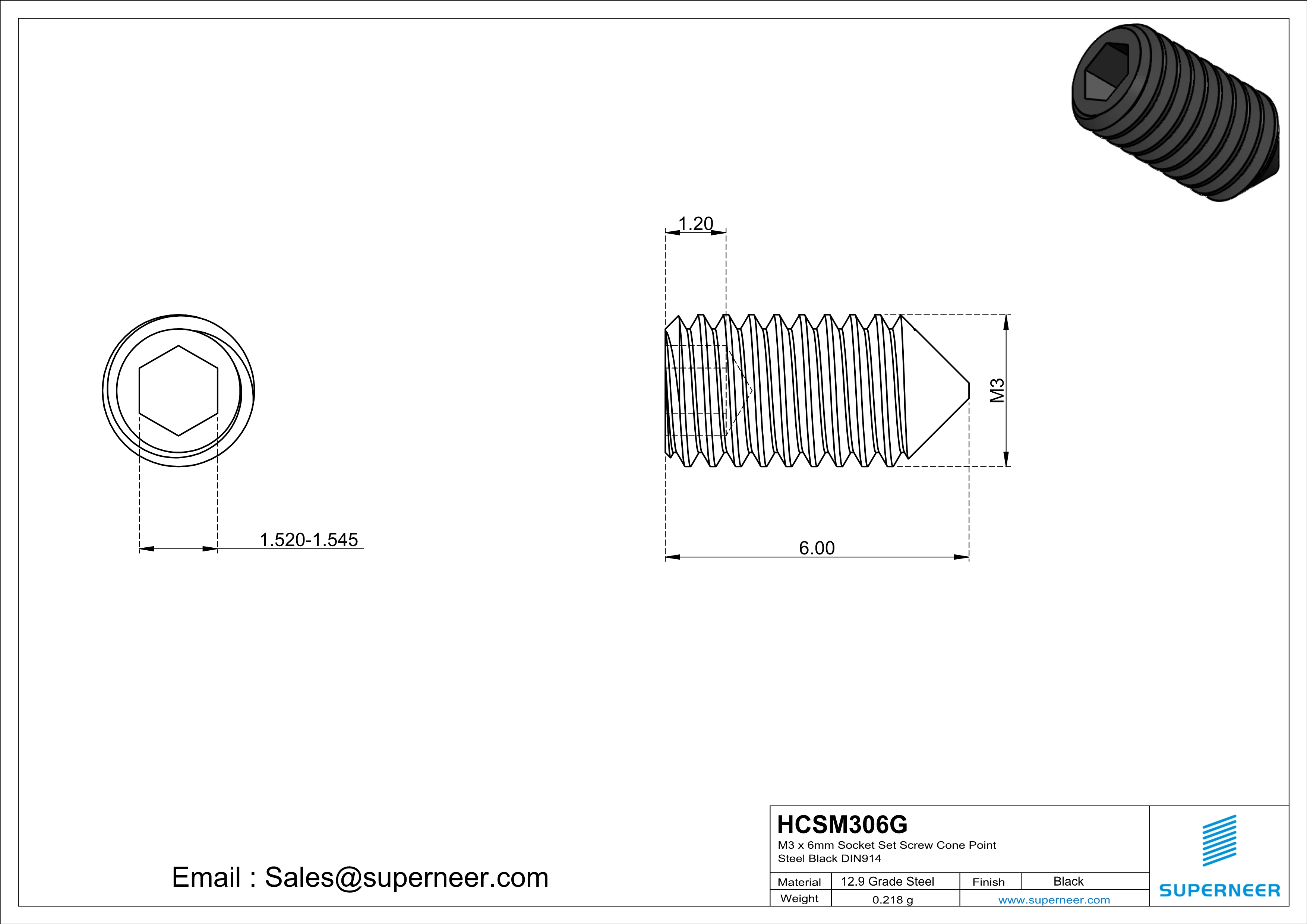 M3 x 6mm Socket Set Screw Cone Point 12.9 Carbon Steel Black DIN914