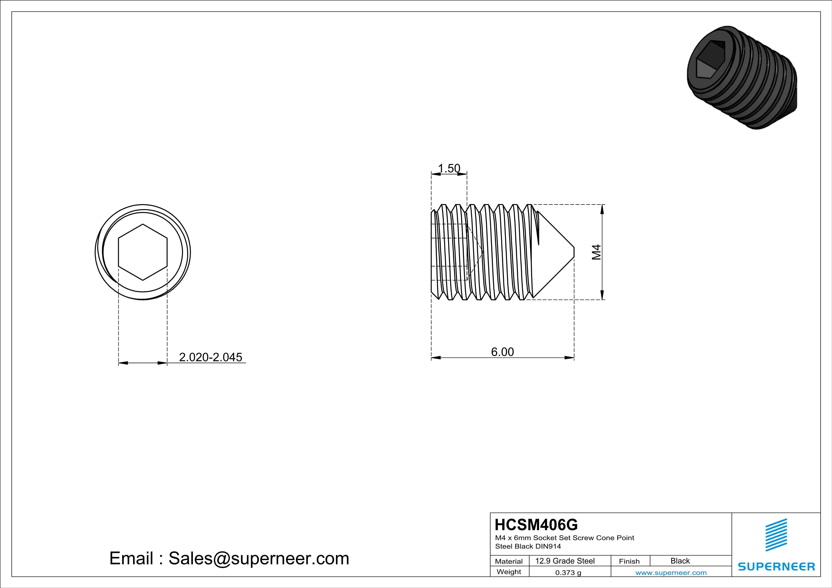 M4 x 6mm Socket Set Screw Cone Point 12.9 Carbon Steel Black DIN914