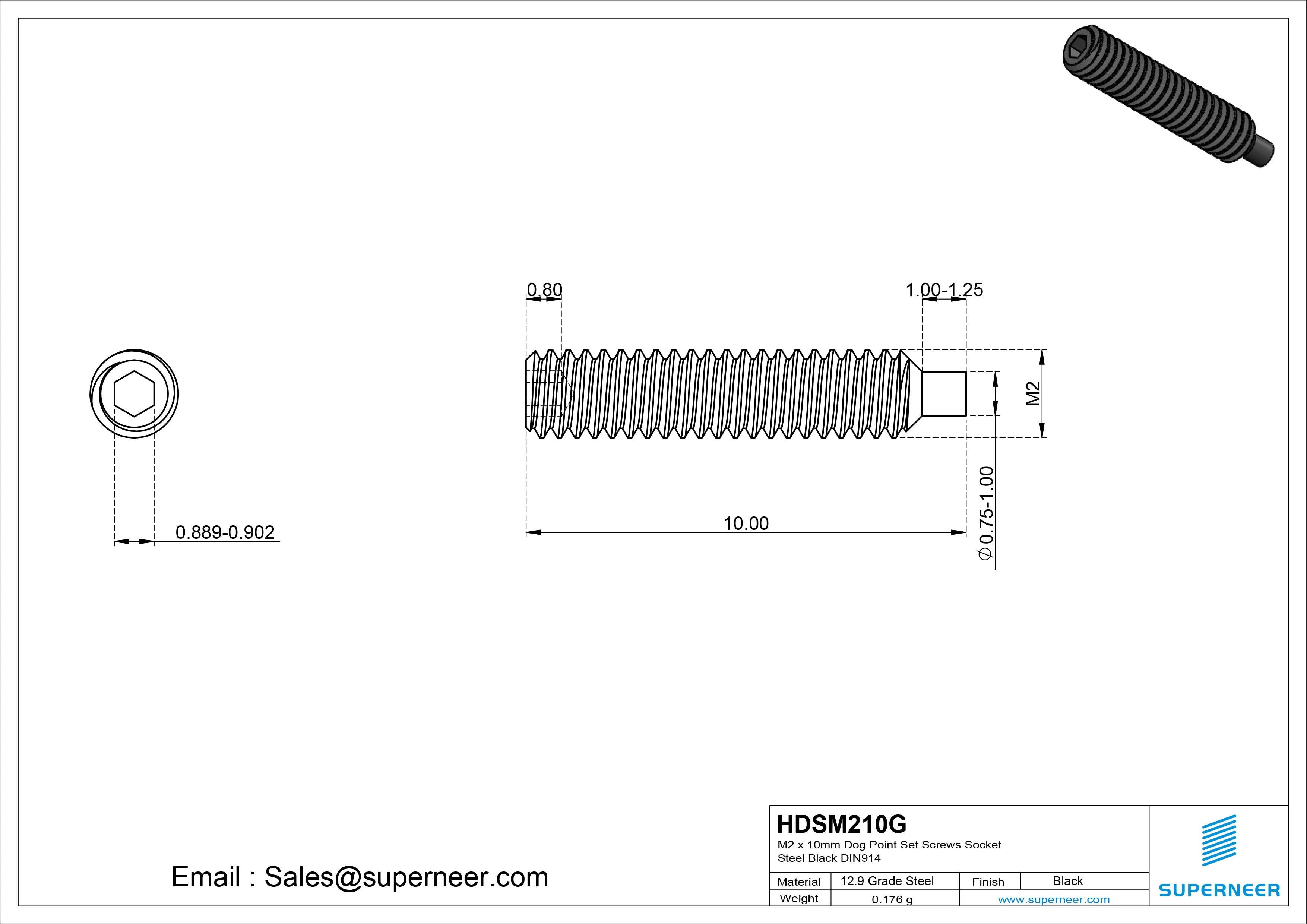 M2 x 10mm Dog Point Set Screws Socket 12.9 Carbon Steel Black DIN915
