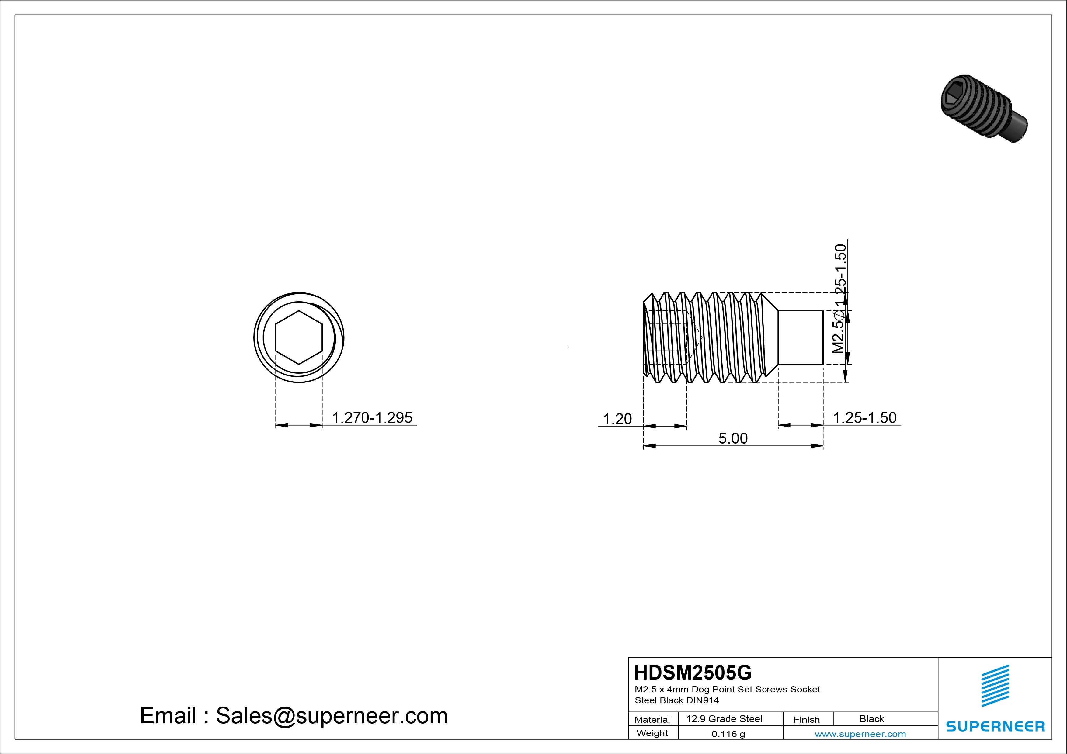 M2.5 x 5mm Dog Point Set Screws Socket 12.9 Carbon Steel Black DIN915