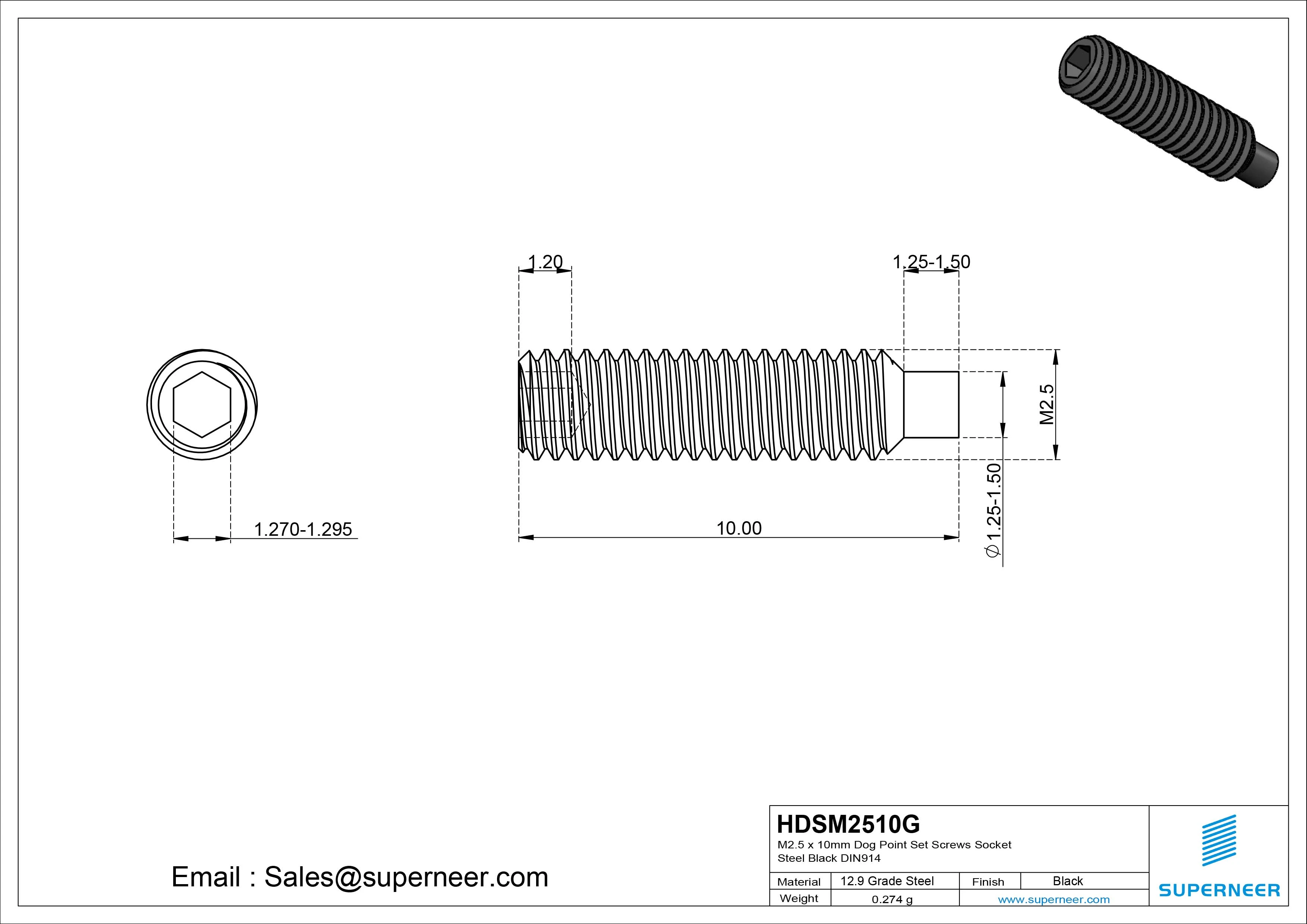 M2.5 x 10mm Dog Point Set Screws Socket 12.9 Carbon Steel Black DIN915