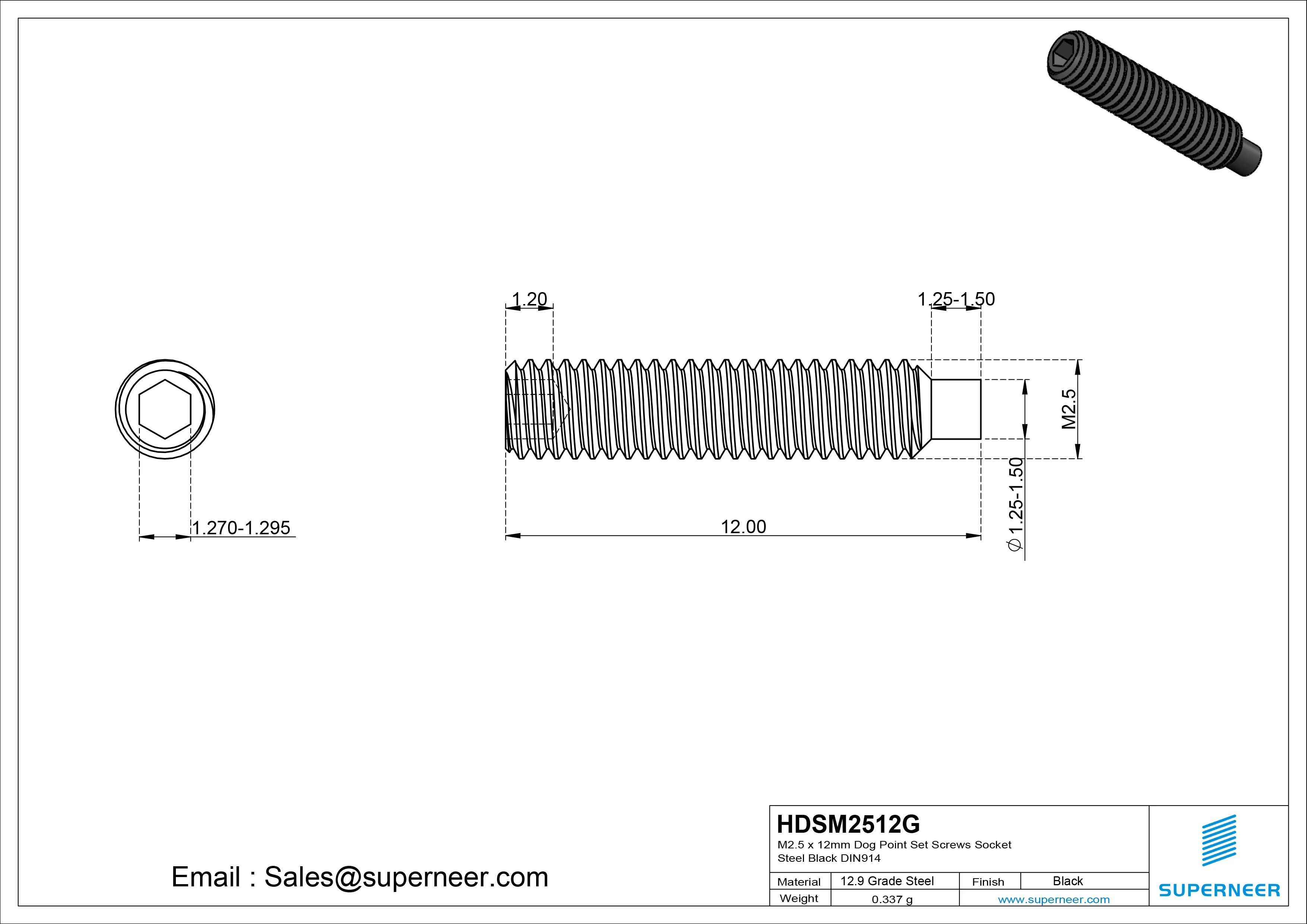 M2.5 x 12mm Dog Point Set Screws Socket 12.9 Carbon Steel Black DIN915