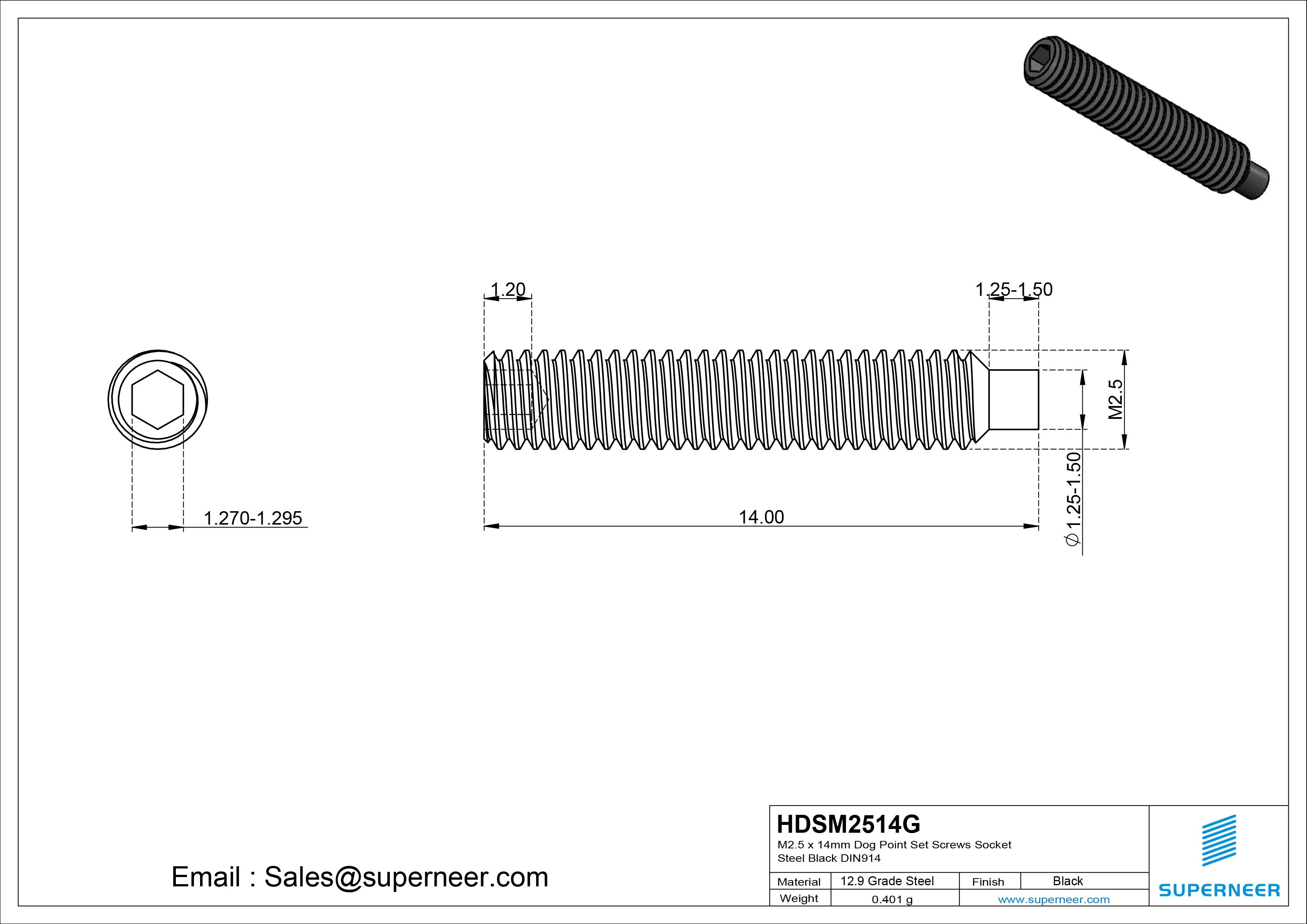 M2.5 x 14mm Dog Point Set Screws Socket 12.9 Carbon Steel Black DIN915