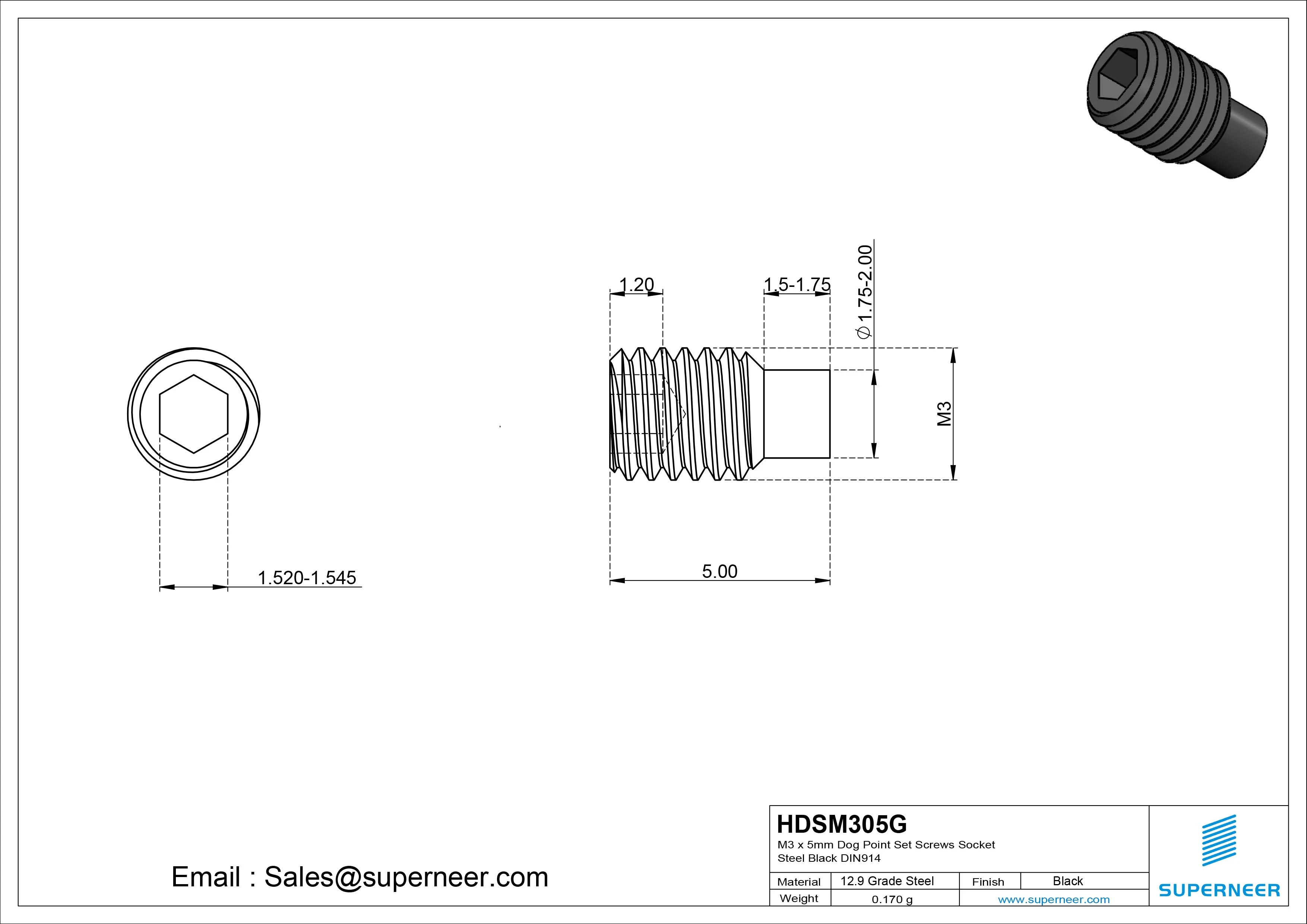 M3 x 5mm Dog Point Set Screws Socket 12.9 Carbon Steel Black DIN915