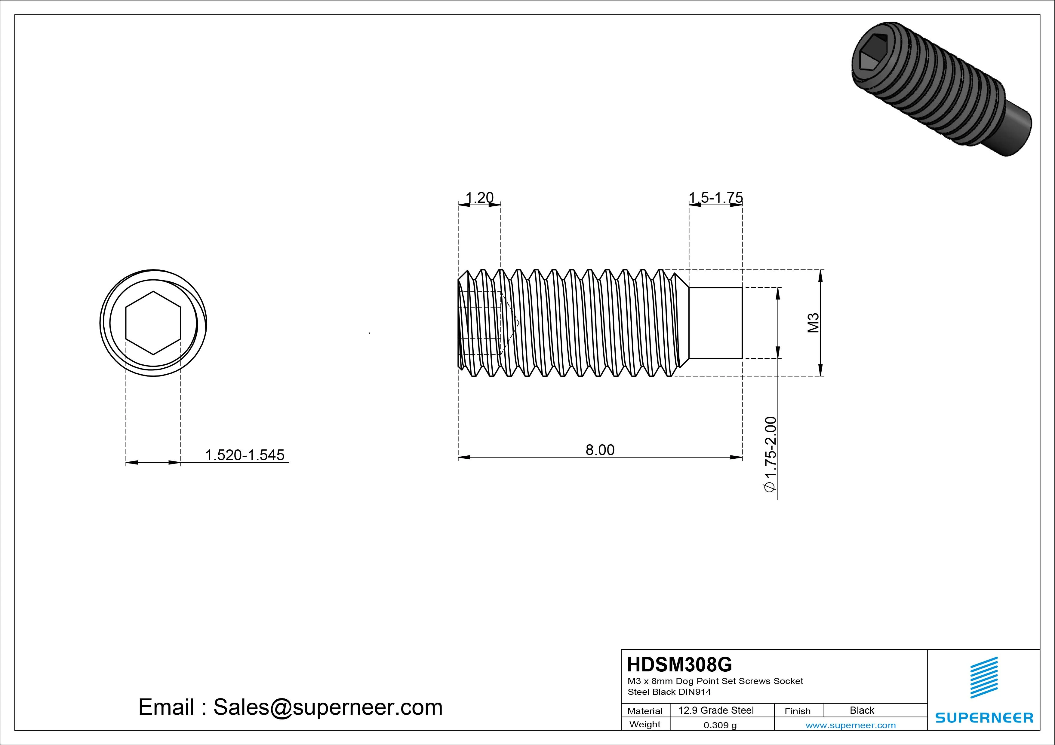 M3 x 8mm Dog Point Set Screws Socket 12.9 Carbon Steel Black DIN915