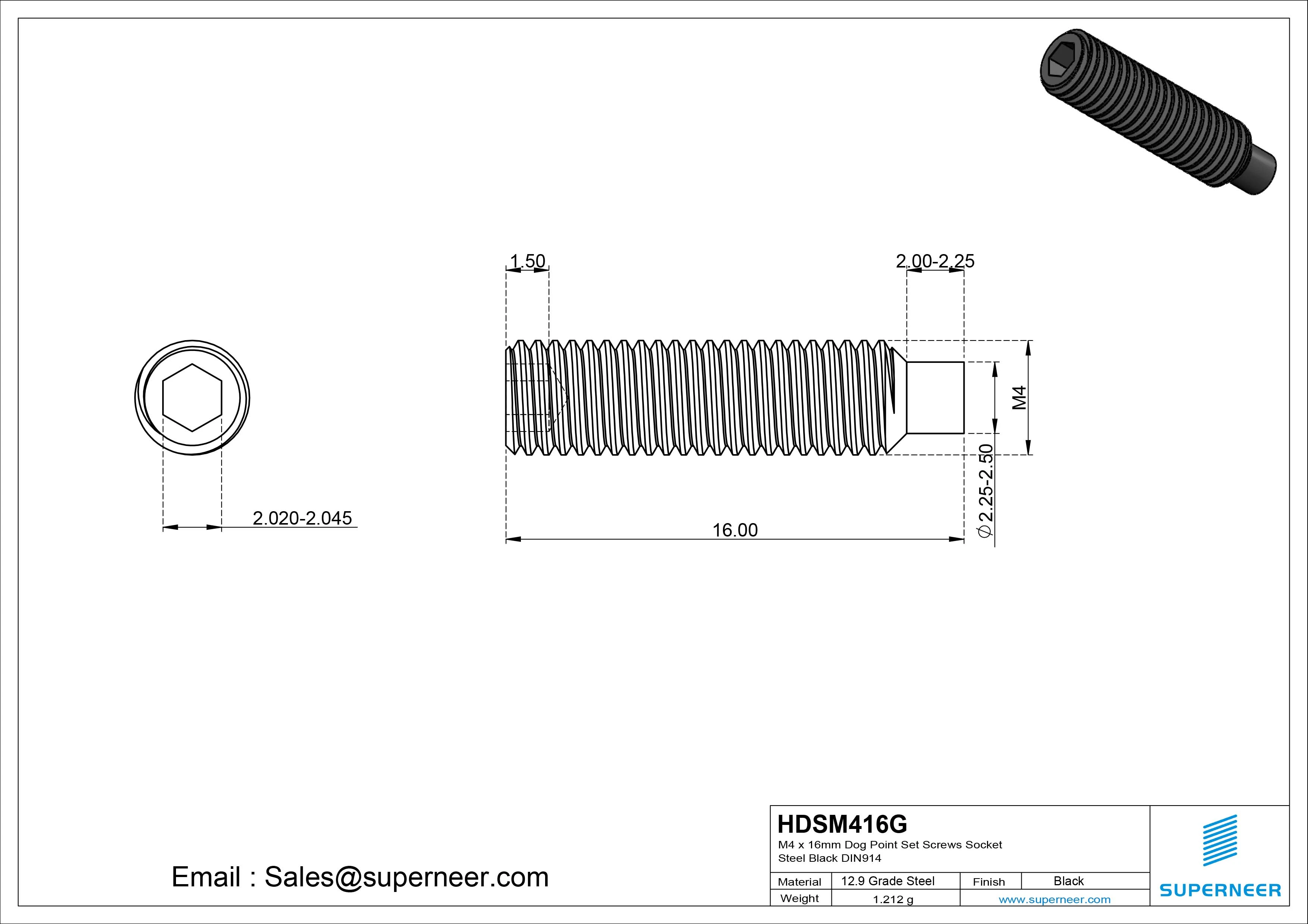 M4 x 16mm Dog Point Set Screws Socket 12.9 Carbon Steel Black DIN915