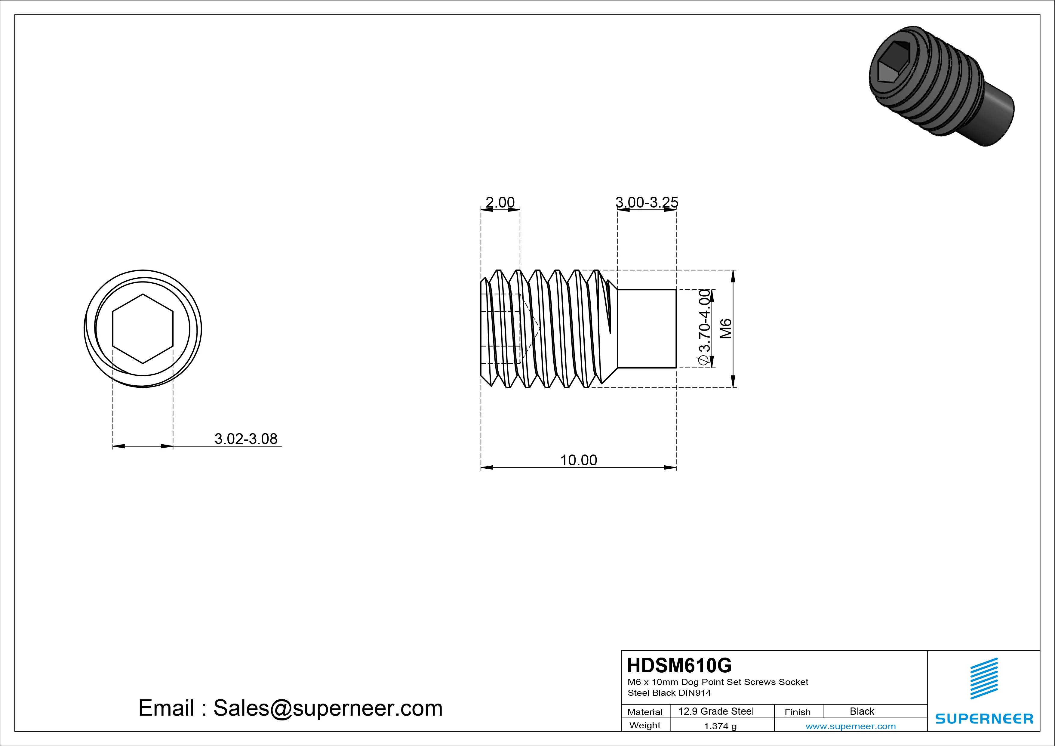 M6 x 10mm Dog Point Set Screws Socket 12.9 Carbon Steel Black DIN915