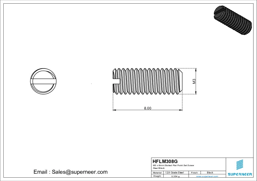 M3 x 8mm Slotted Flat Point Set Screw 12.9 Carbon Steel Black 