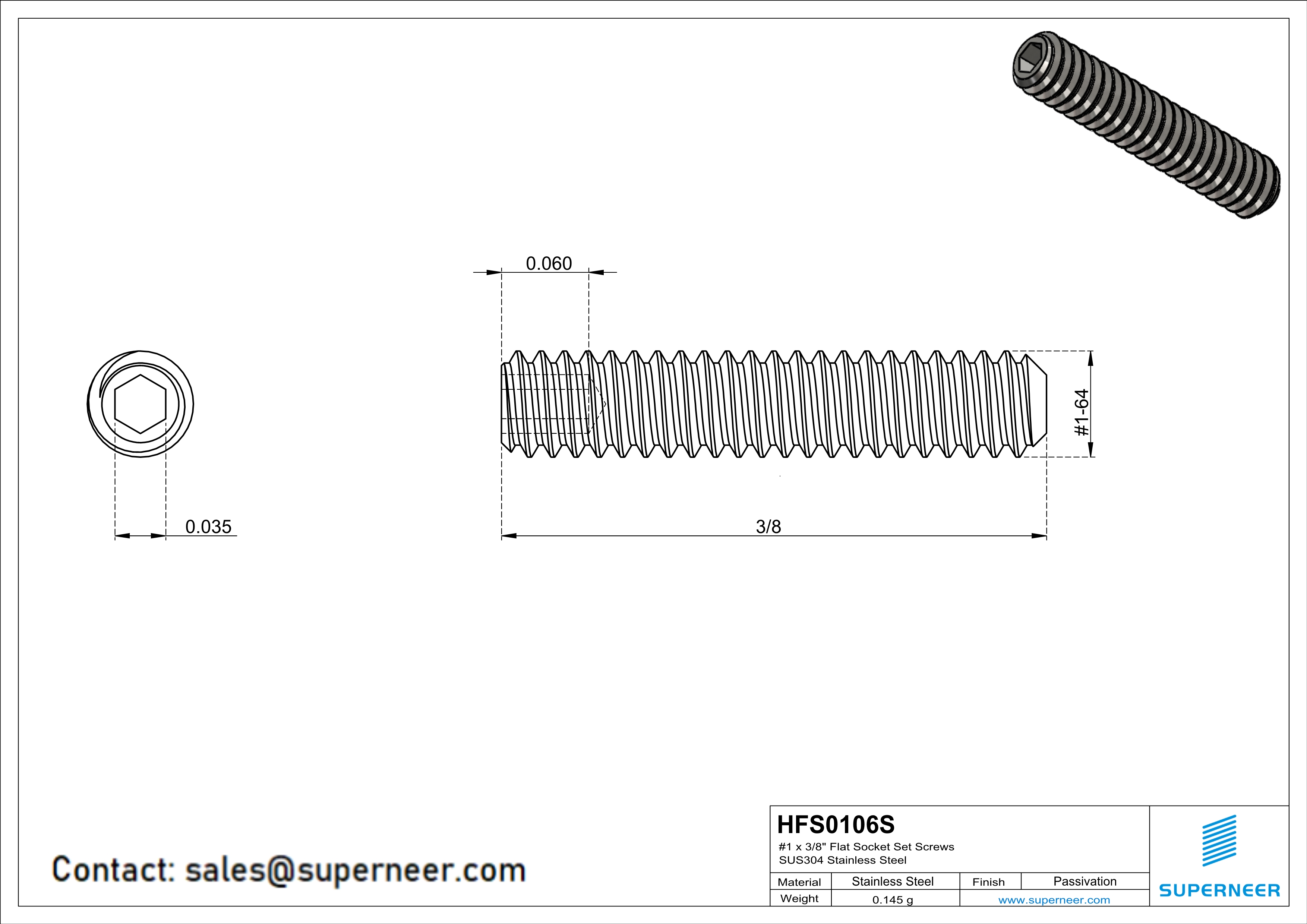 1 x 3/8" Flat Socket Set Screws SUS304 Stainless Steel Inox