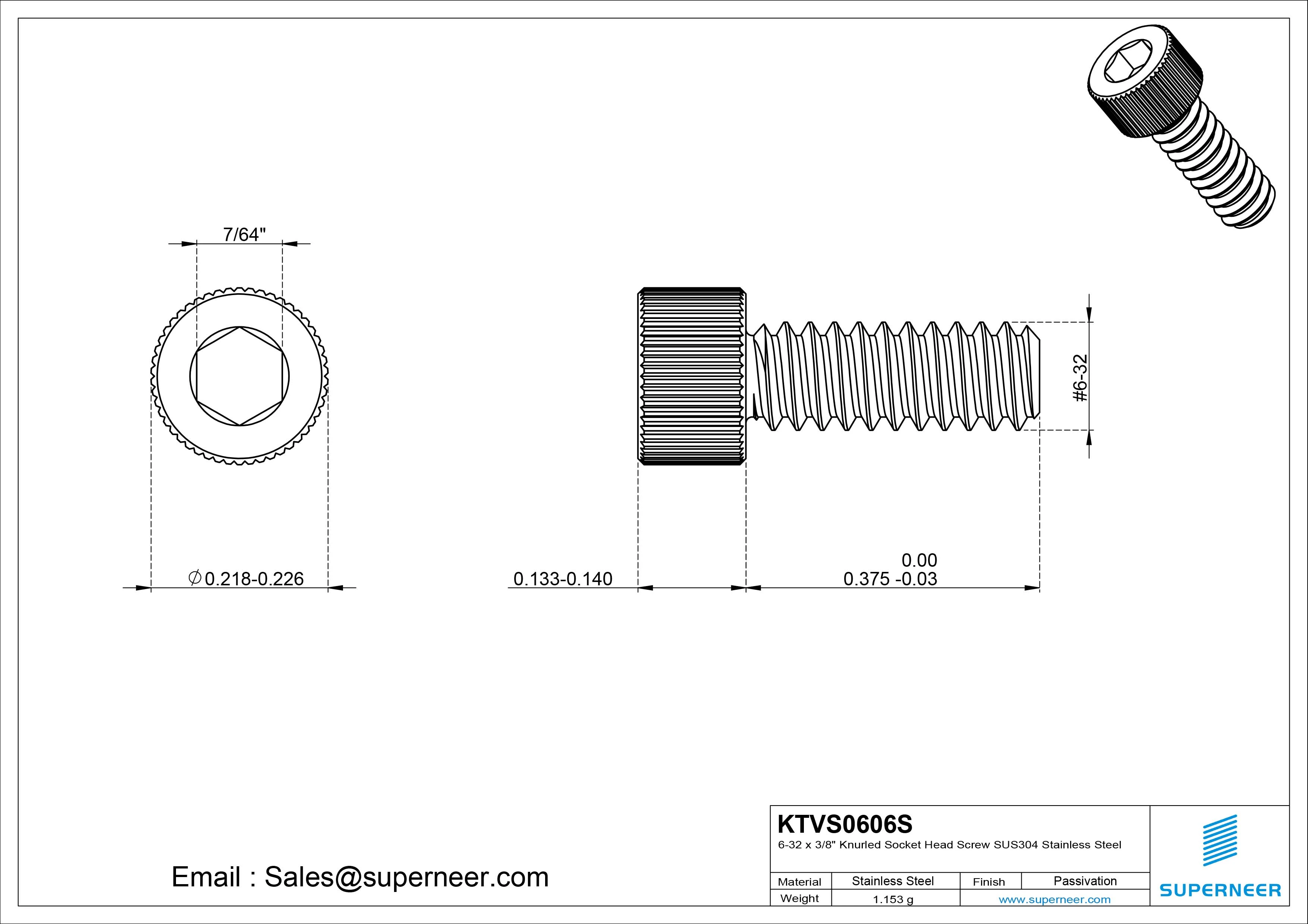 6-32 x 3/8" Knurled Socket Head Screw SUS304 Stainless Steel