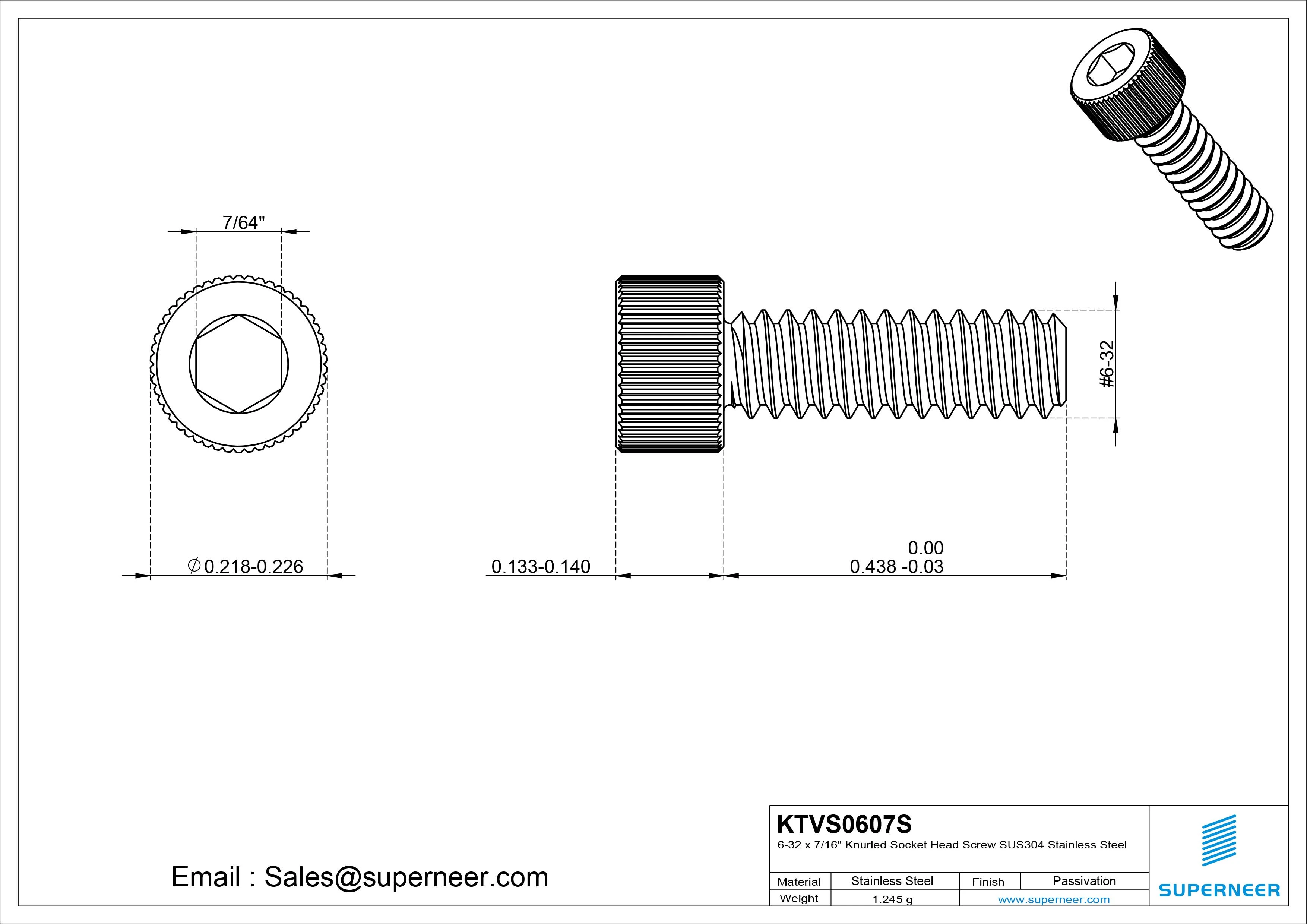 6-32 x 7/16" Knurled Socket Head Screw SUS304 Stainless Steel