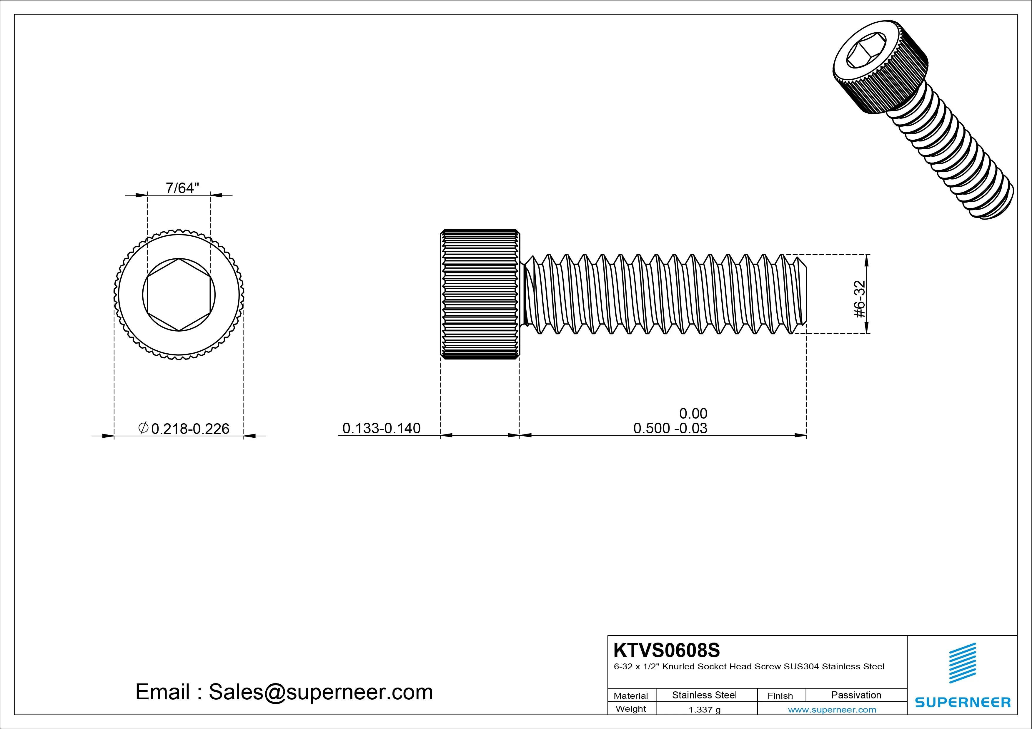 6-32 x 1/2" Knurled Socket Head Screw SUS304 Stainless Steel