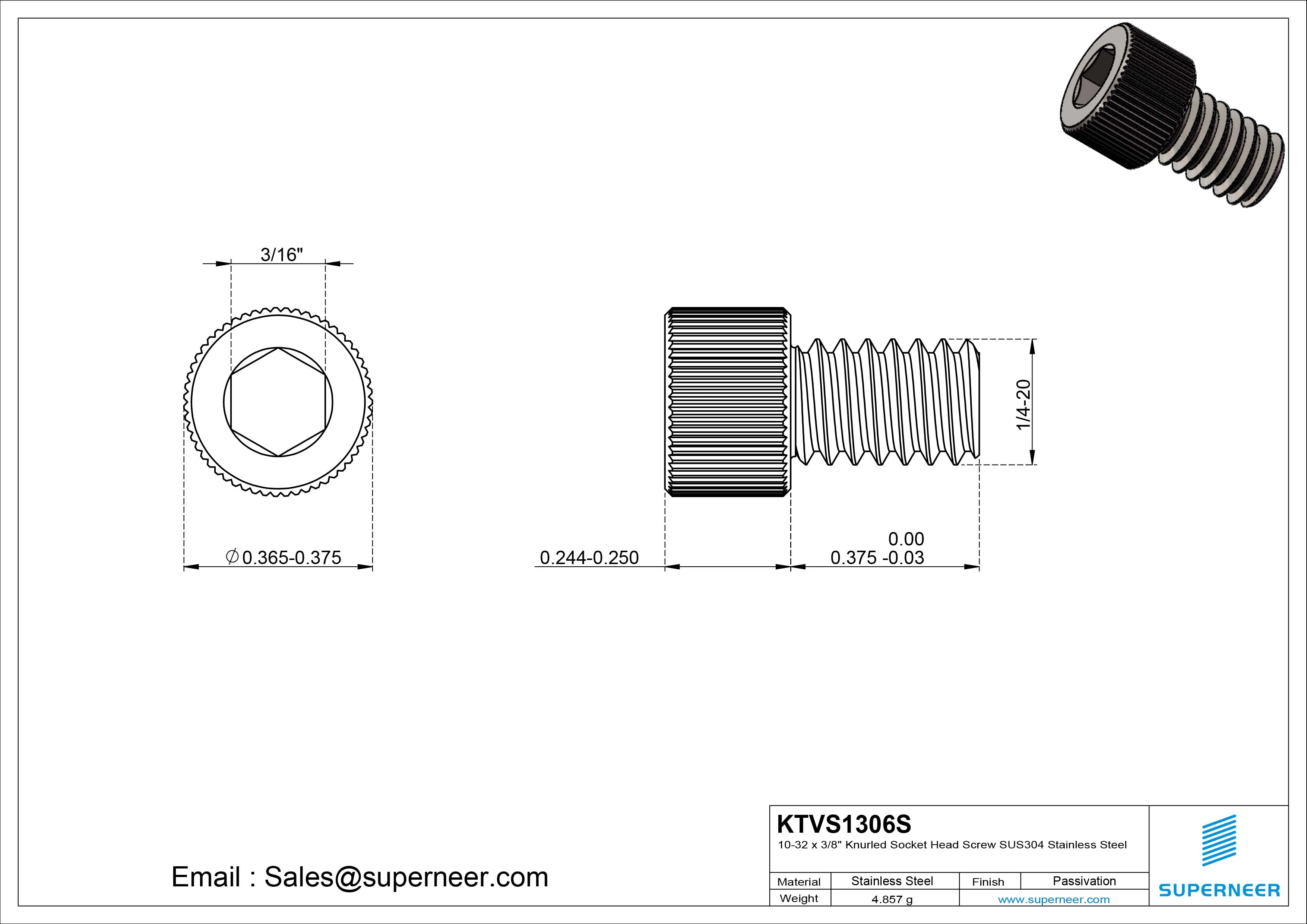 1/4"-20 x 3/8" Knurled Socket Head Screw SUS304 Stainless Steel