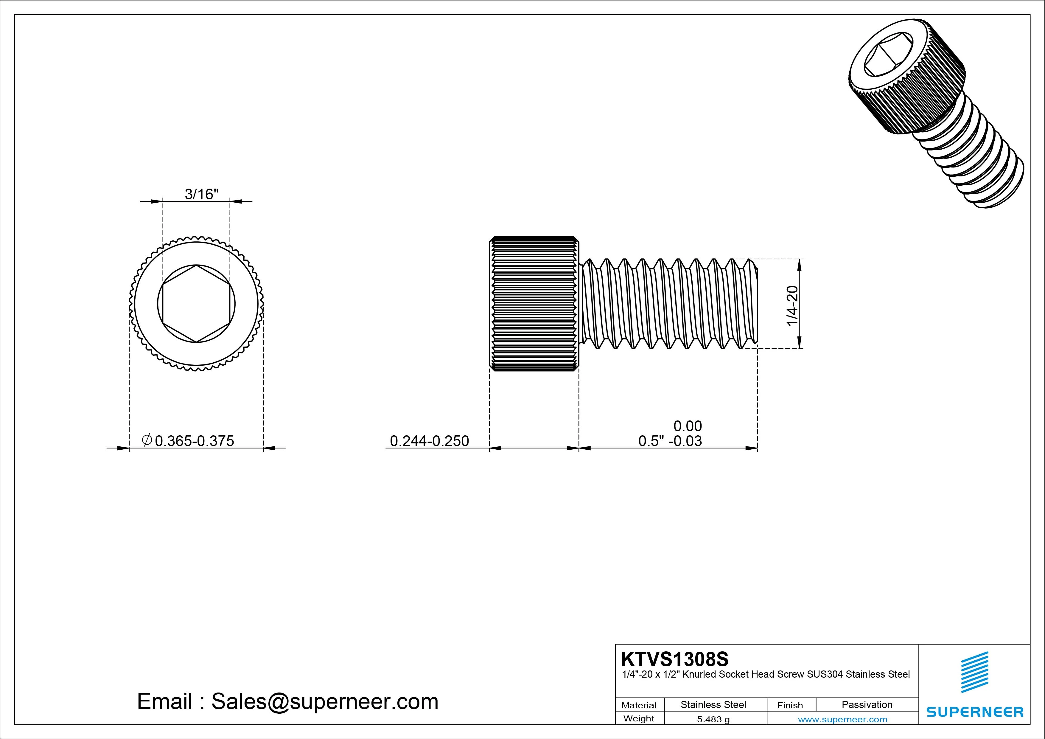 1/4"-20 x 1/2" Knurled Socket Head Screw SUS304 Stainless Steel