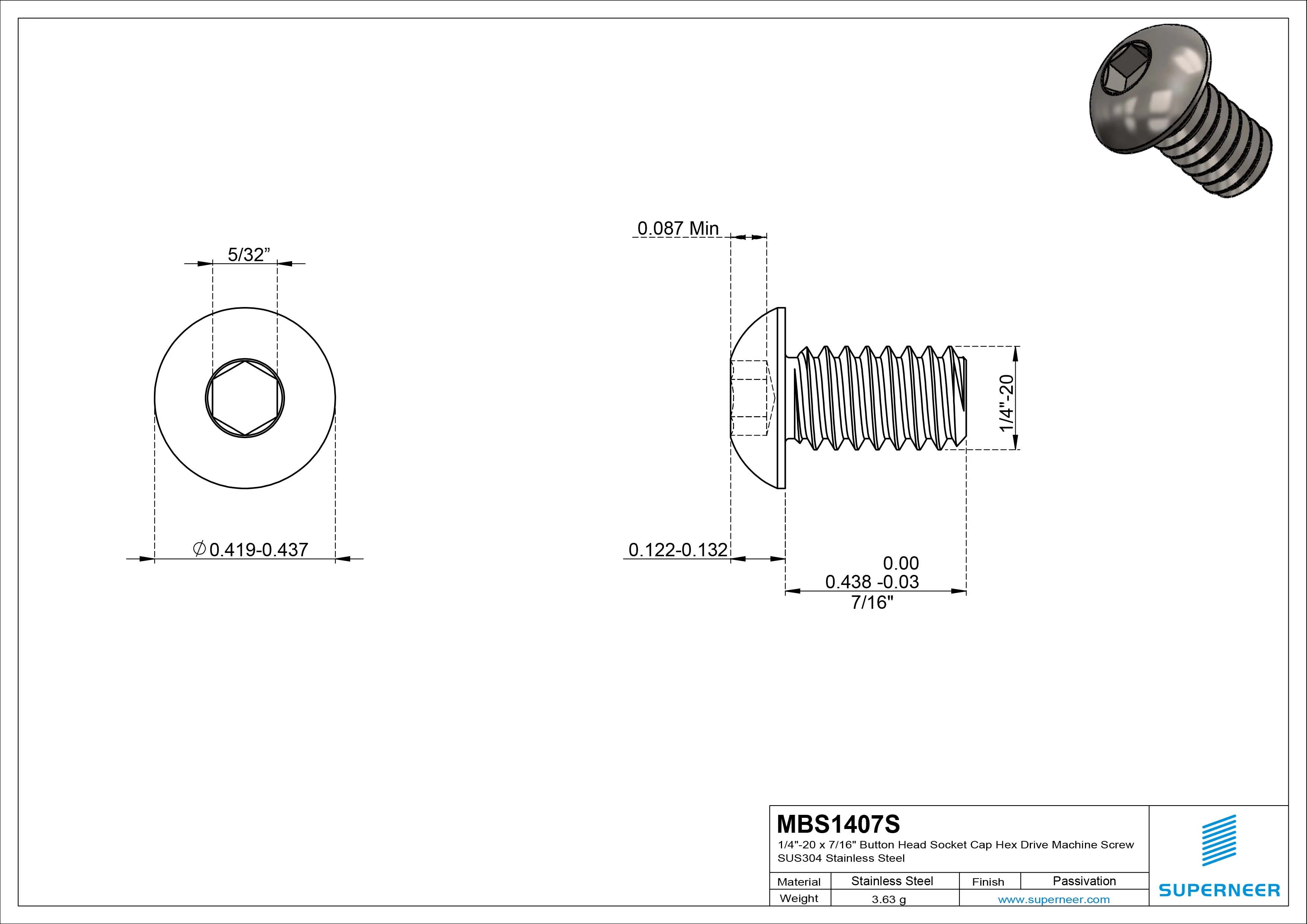 1/4"-20 x 7/16" Button Head Socket Cap Hex Drive Machine Screw SUS304 Stainless Steel