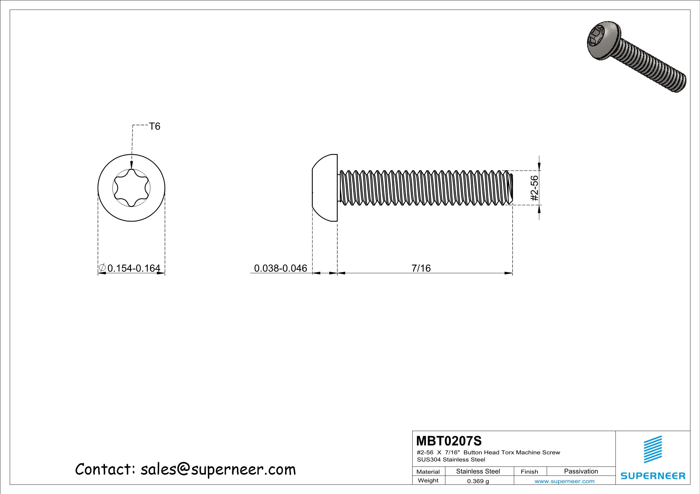 2-56  x 1/2&ldquo;  Button Head Torx Machine Screw SUS304 Stainless Steel Inox 