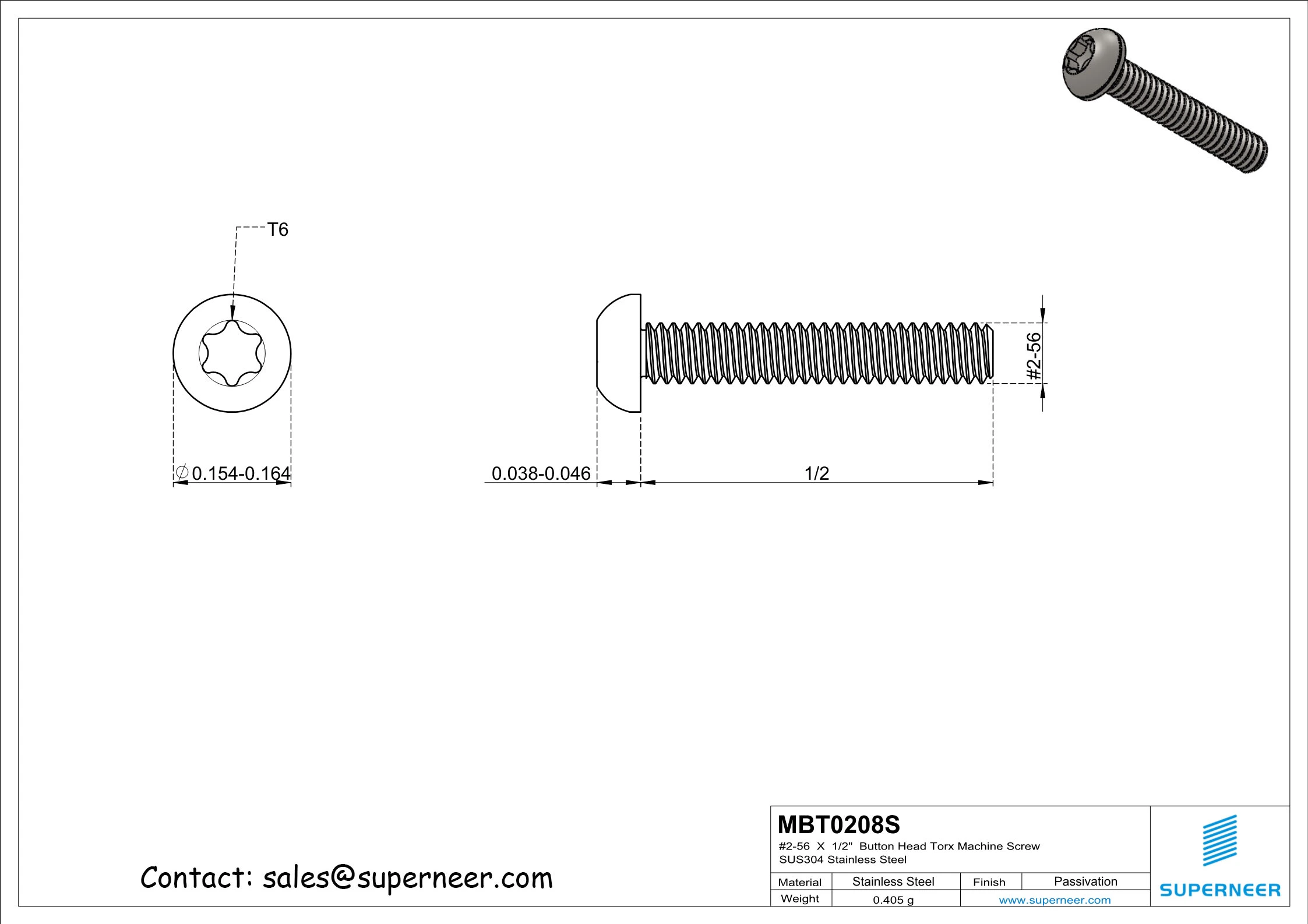 2-56  x 1/2&ldquo;  Button Head Torx Machine Screw SUS304 Stainless Steel Inox 
