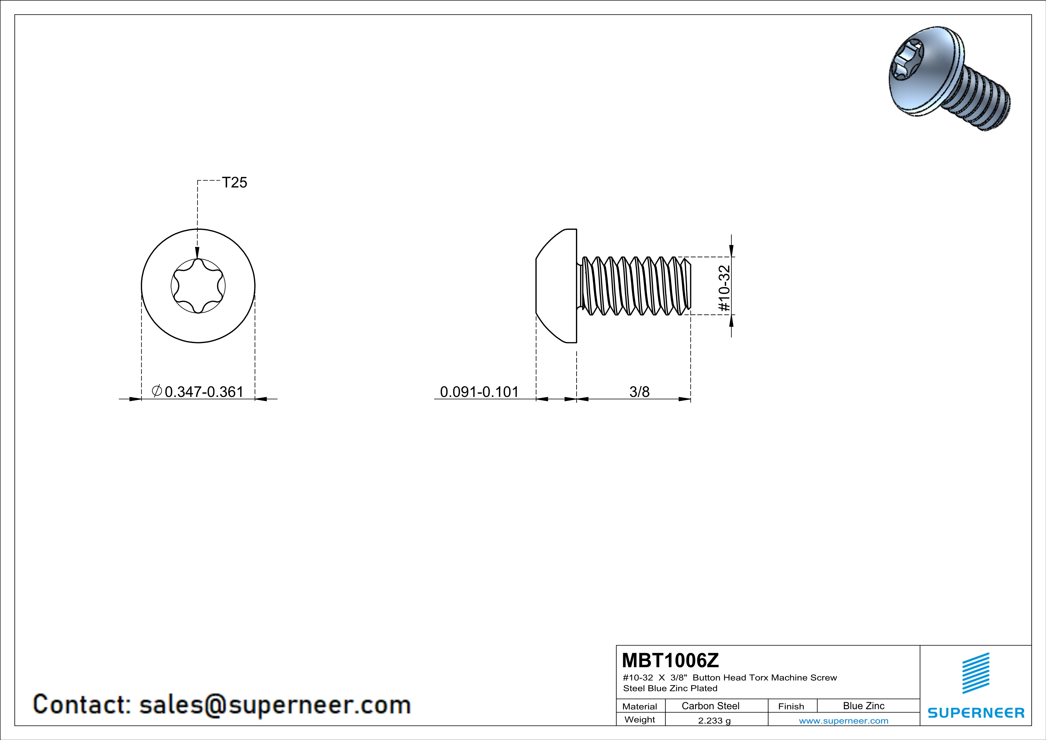 10-32 x 3/8" Button Head Torx Machine Screw Steel Blue Zinc Plated 