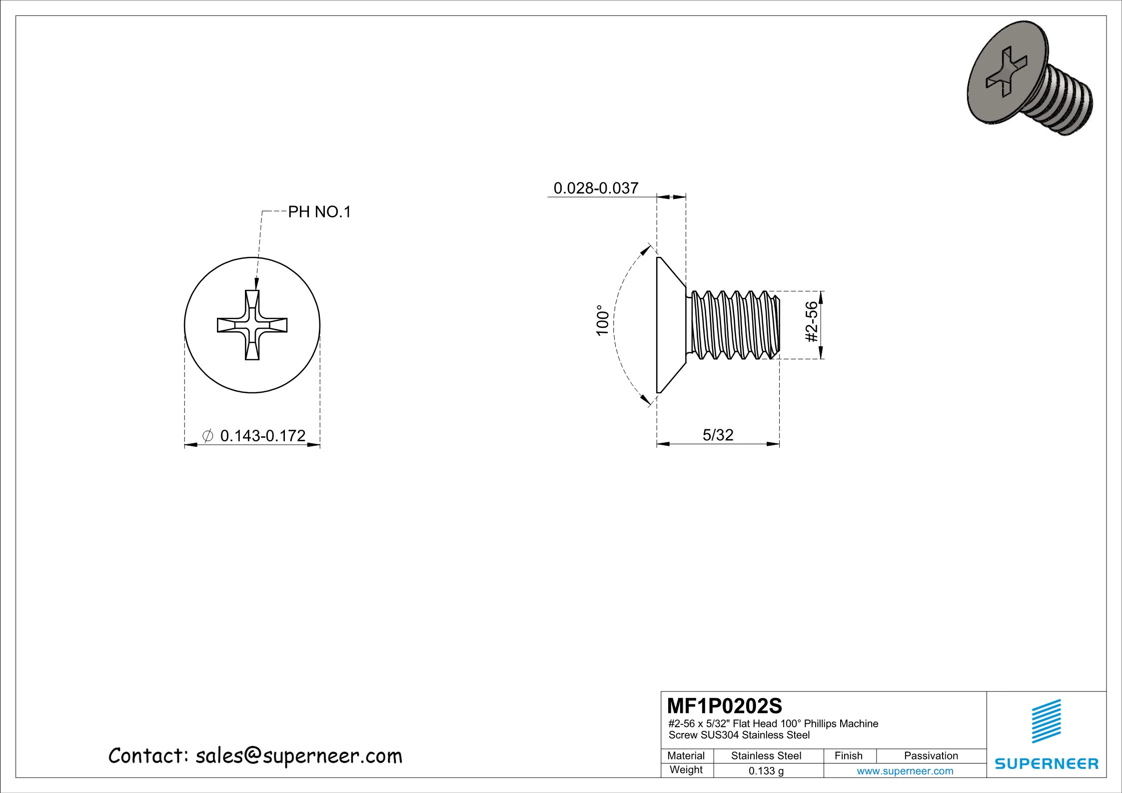 2-56 x 5/32" Flat Head 100&deg; Phillips Machine Screw SUS304 Stainless Steel Inox