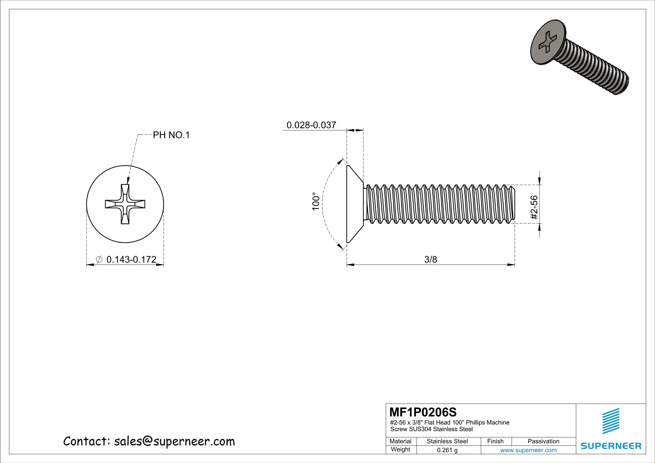 2-56 x 3/8" Flat Head 100&deg; Phillips Machine Screw SUS304 Stainless Steel Inox