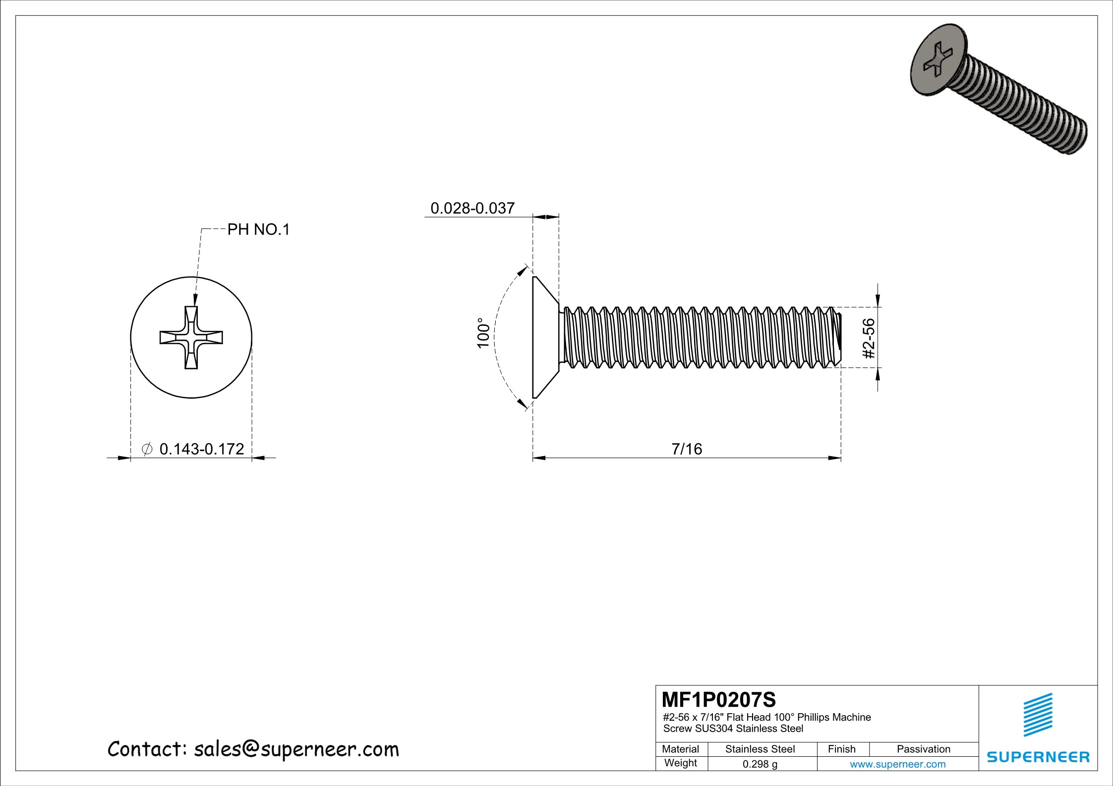 2-56 x 7/16" Flat Head 100&deg; Phillips Machine Screw SUS304 Stainless Steel Inox