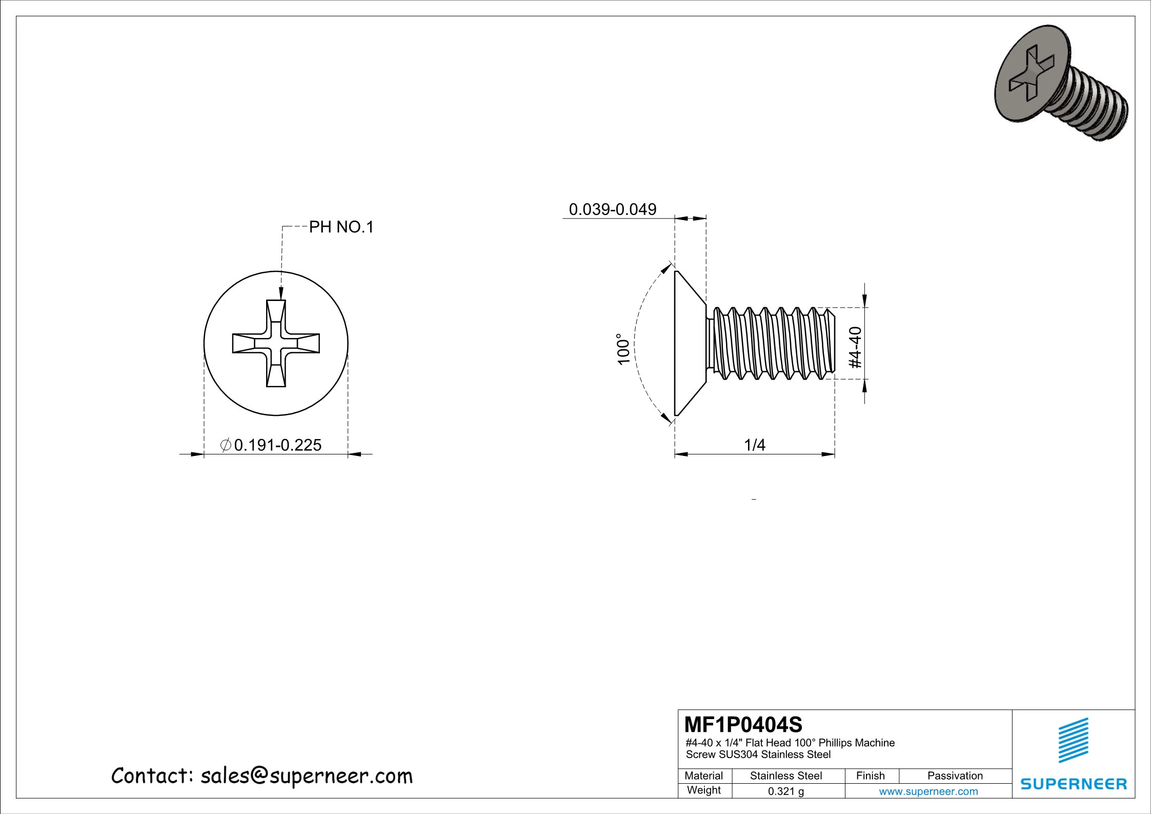 4-40 x 1/4" Flat Head 100&deg; Phillips Machine Screw SUS304 Stainless Steel Inox