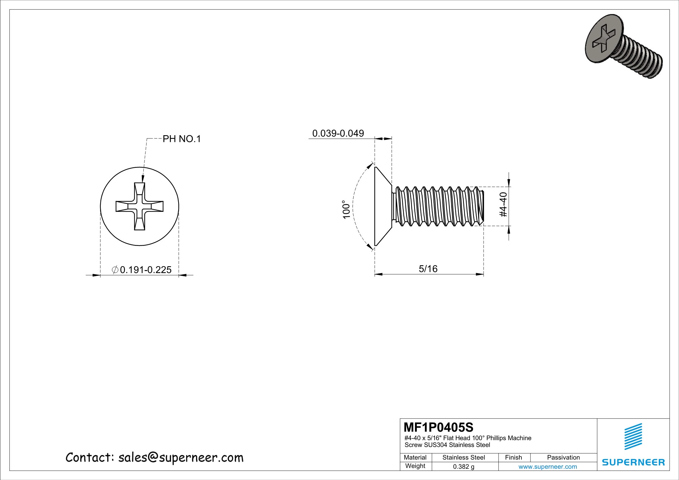 4-40 x 5/16" Flat Head 100&deg; Phillips Machine Screw SUS304 Stainless Steel Inox