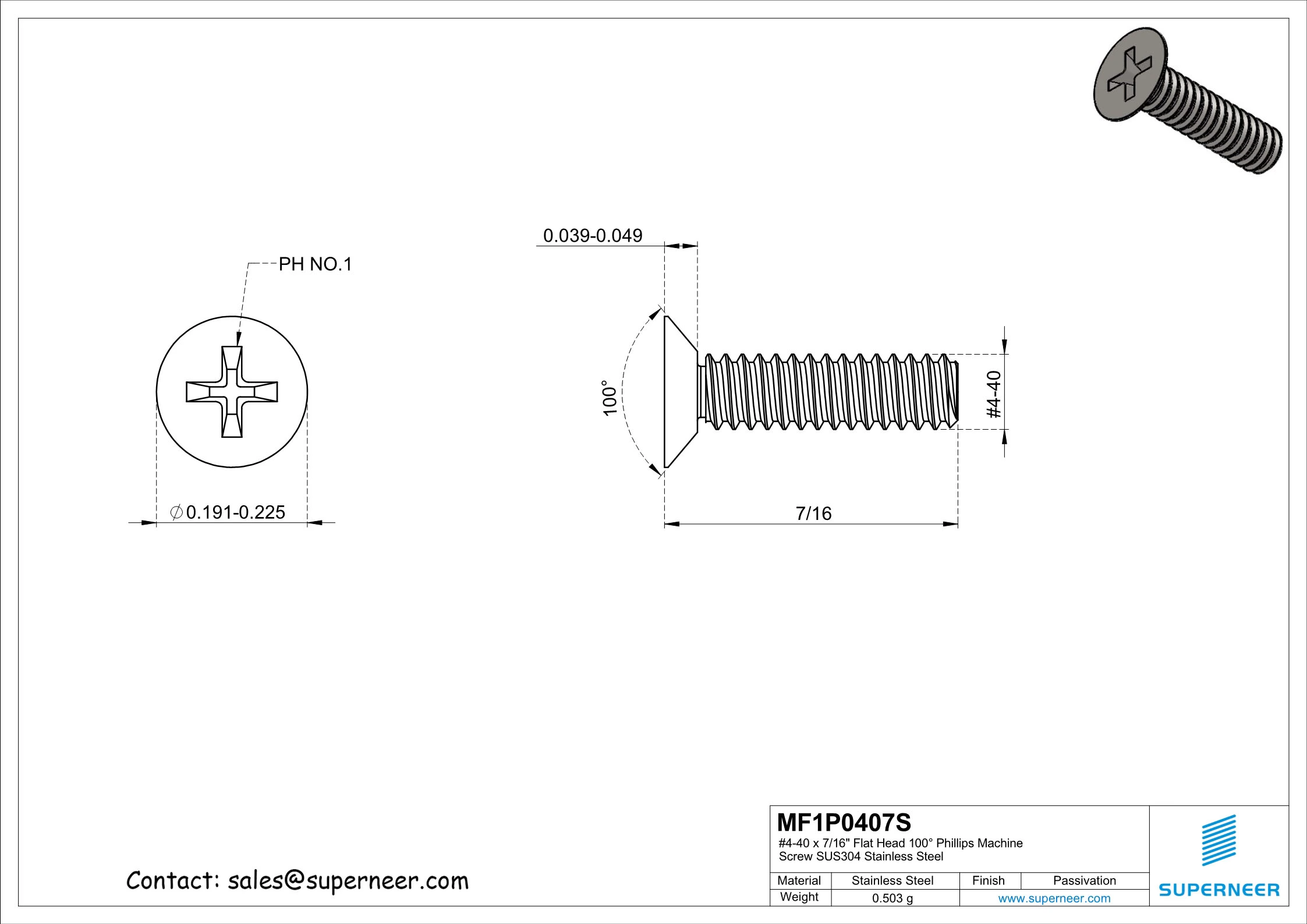 4-40 x 7/16" Flat Head 100&deg; Phillips Machine Screw SUS304 Stainless Steel Inox
