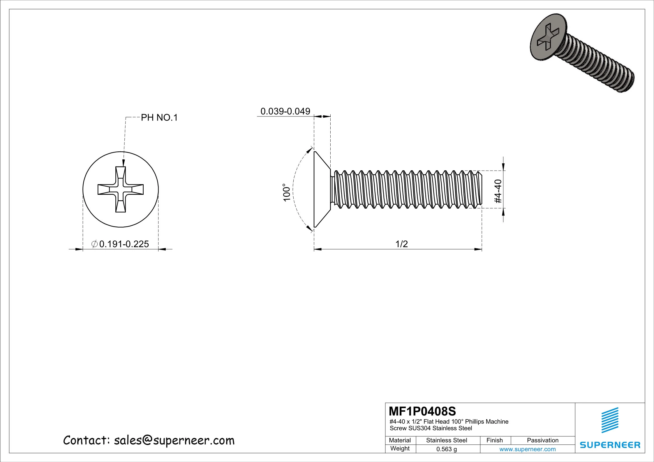 4-40 x 1/2" Flat Head 100&deg; Phillips Machine Screw SUS304 Stainless Steel Inox