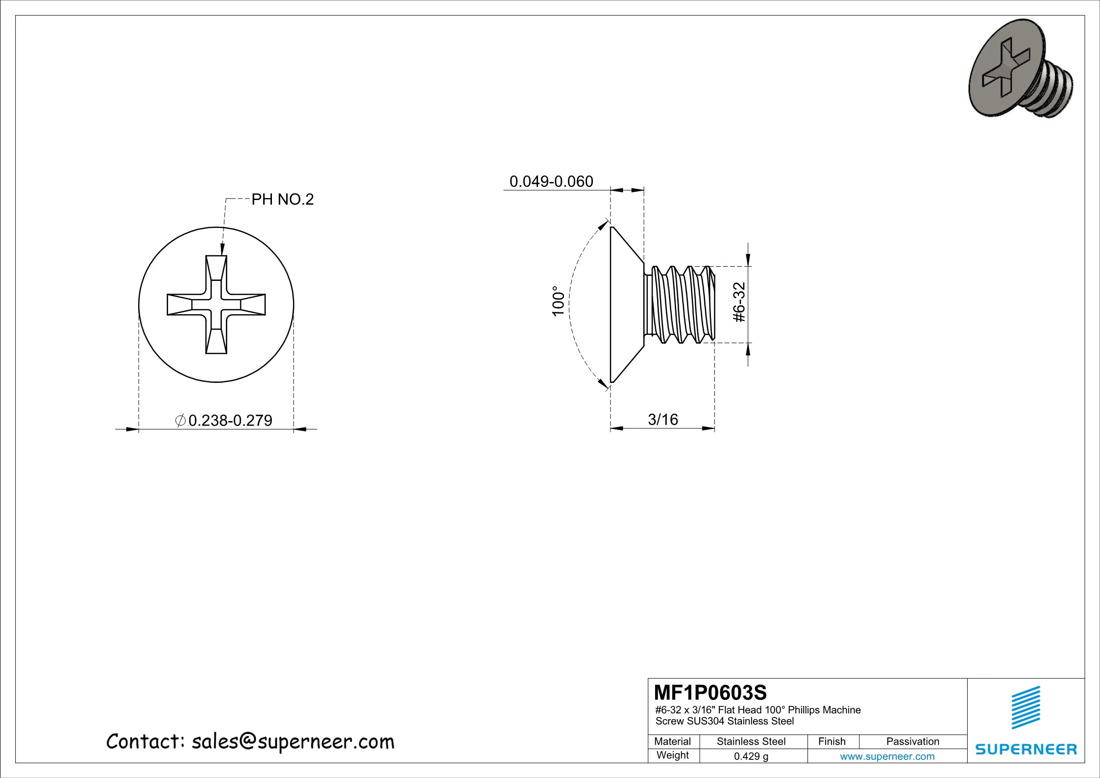 6-32 x 3/16" Flat Head 100&deg; Phillips Machine Screw SUS304 Stainless Steel Inox
