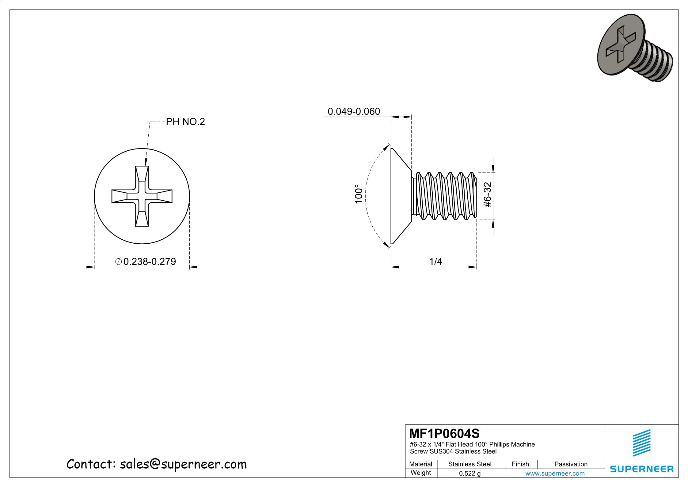 6-32 x 1/4" Flat Head 100&deg; Phillips Machine Screw SUS304 Stainless Steel Inox