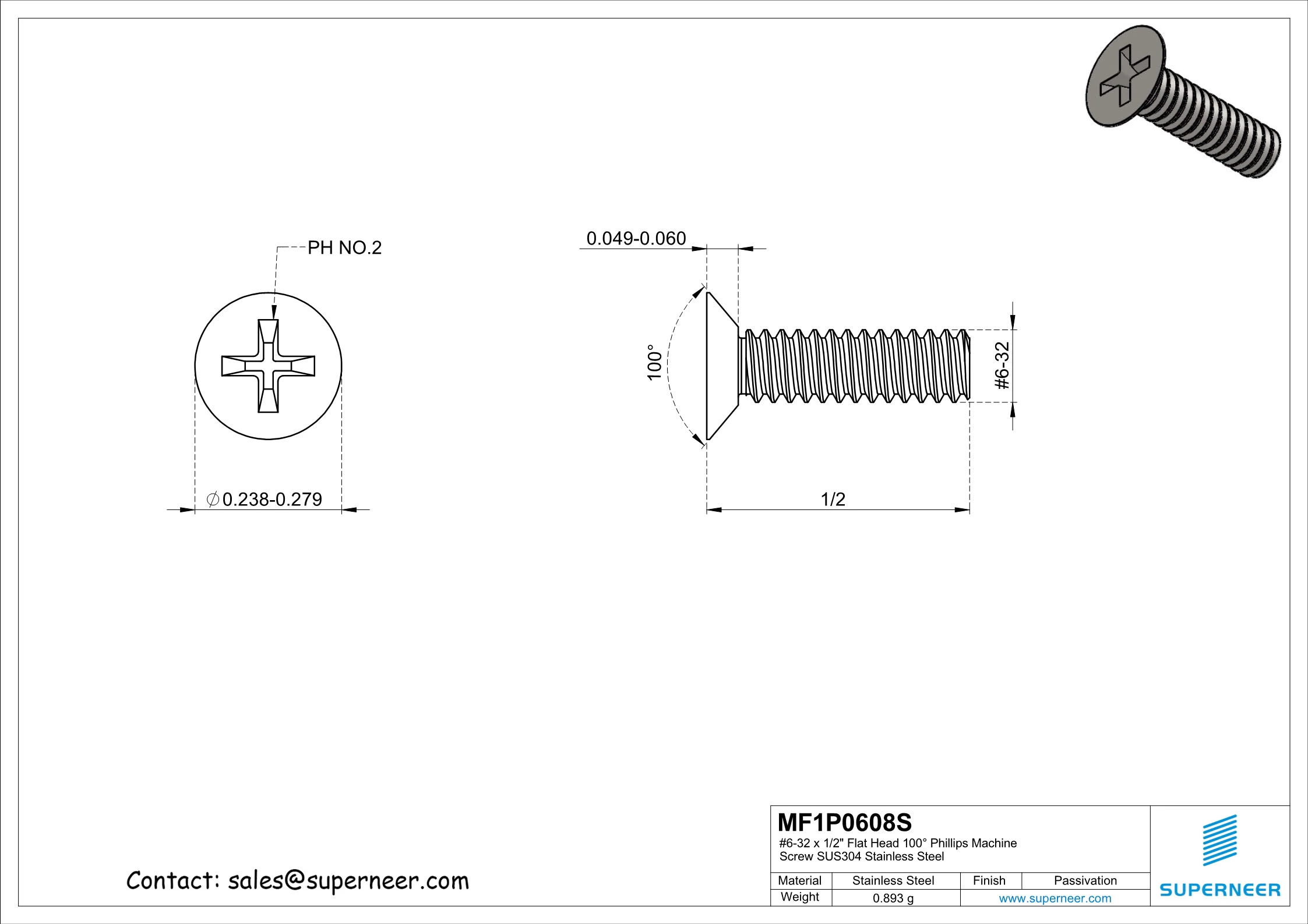 6-32 x 1/2" Flat Head 100&deg; Phillips Machine Screw SUS304 Stainless Steel Inox