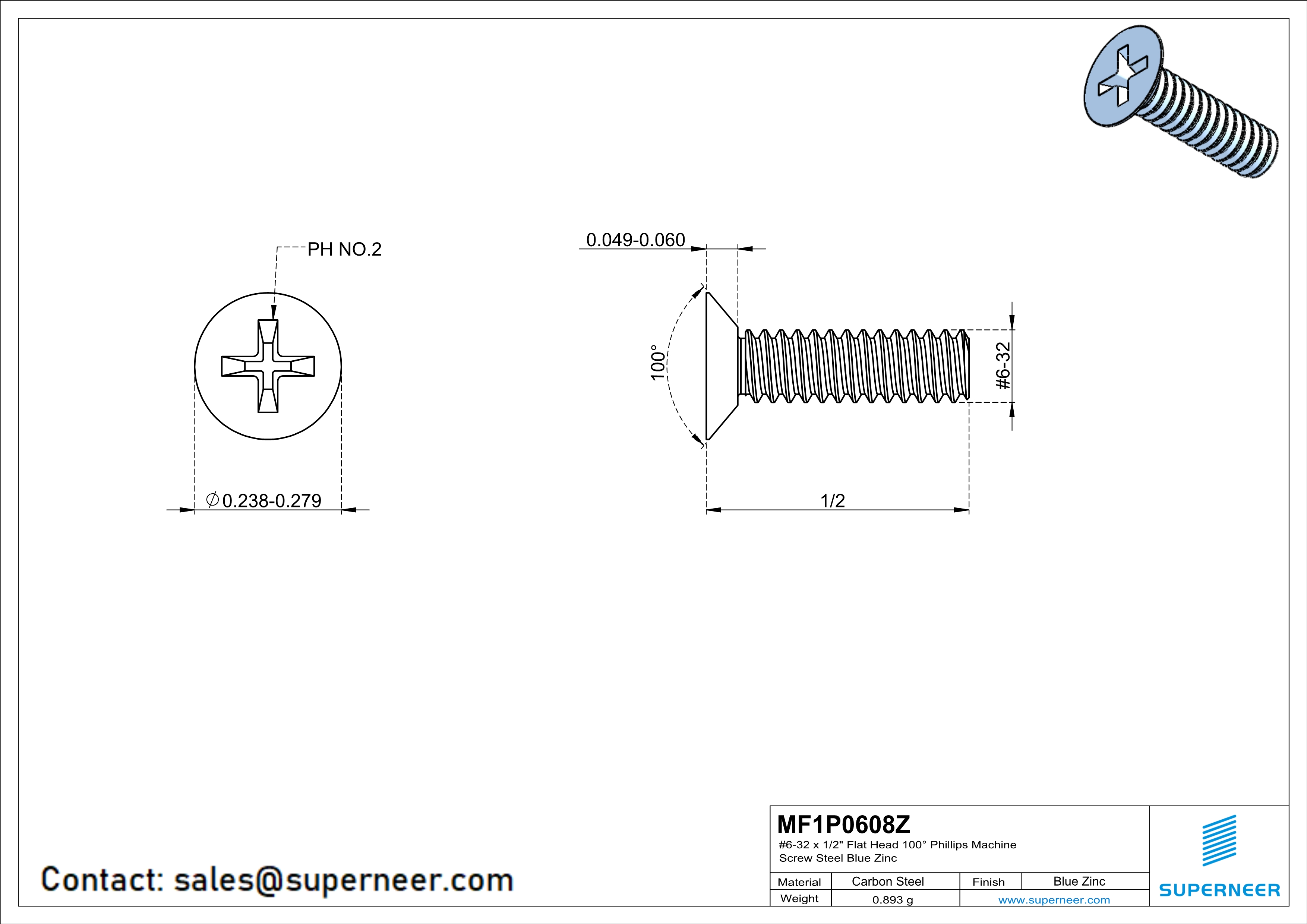 6-32 x 1/2" Flat Head 100&deg; Phillips Machine Screw Steel Blue Zinc Plated