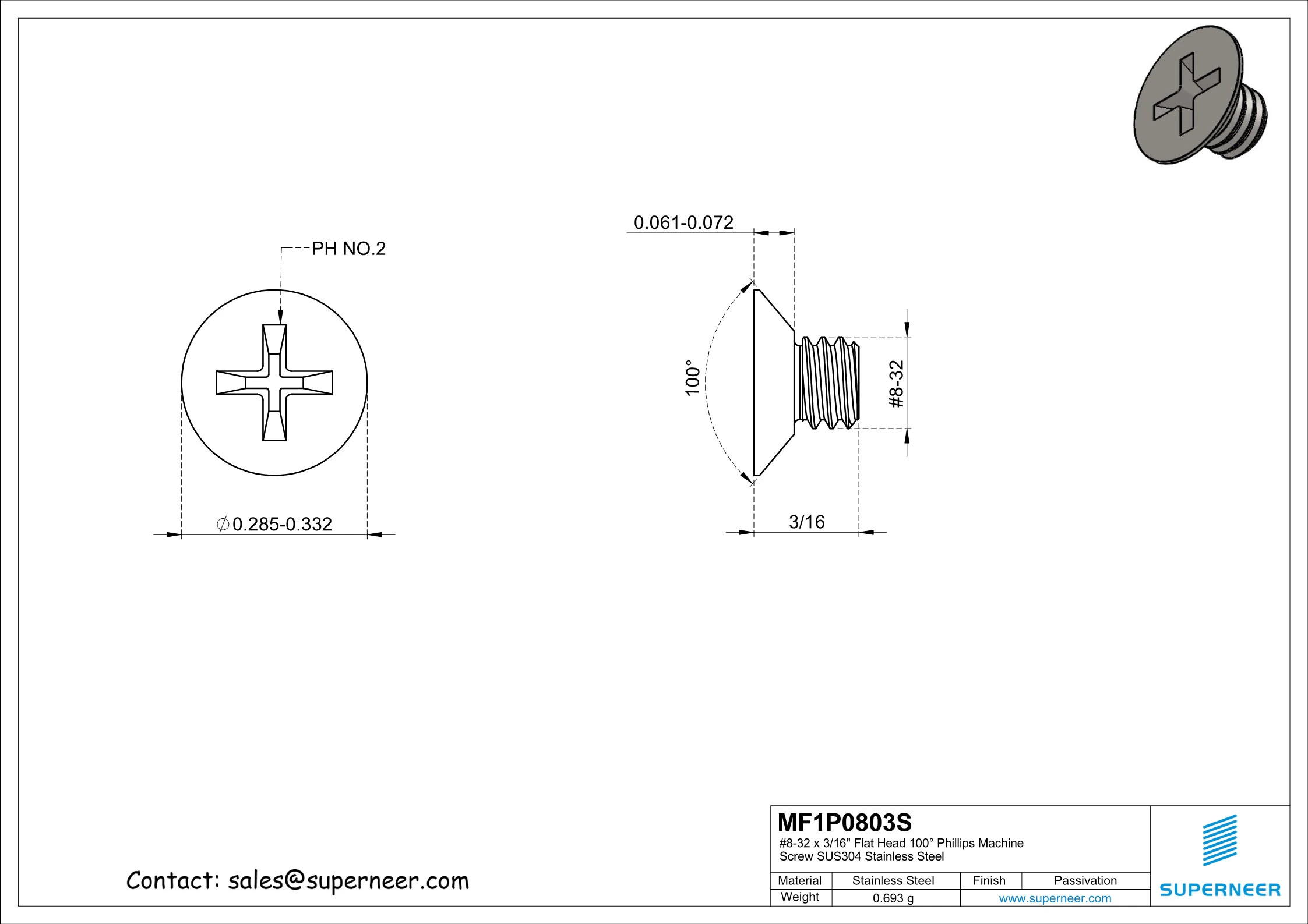 8-32 x 3/16" Flat Head 100&deg; Phillips Machine Screw SUS304 Stainless Steel Inox