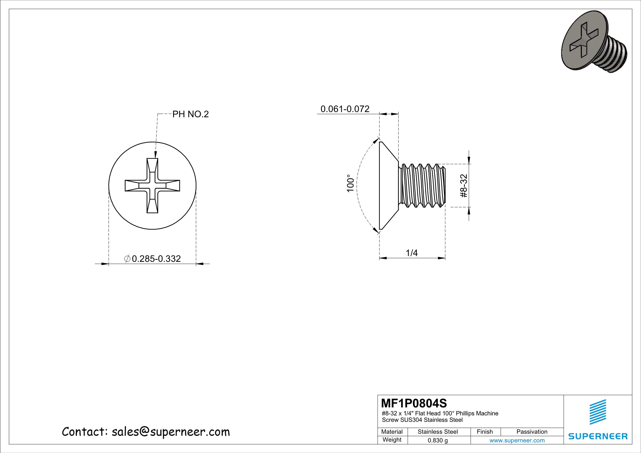 8-32 x 1/4" Flat Head 100&deg; Phillips Machine Screw SUS304 Stainless Steel Inox