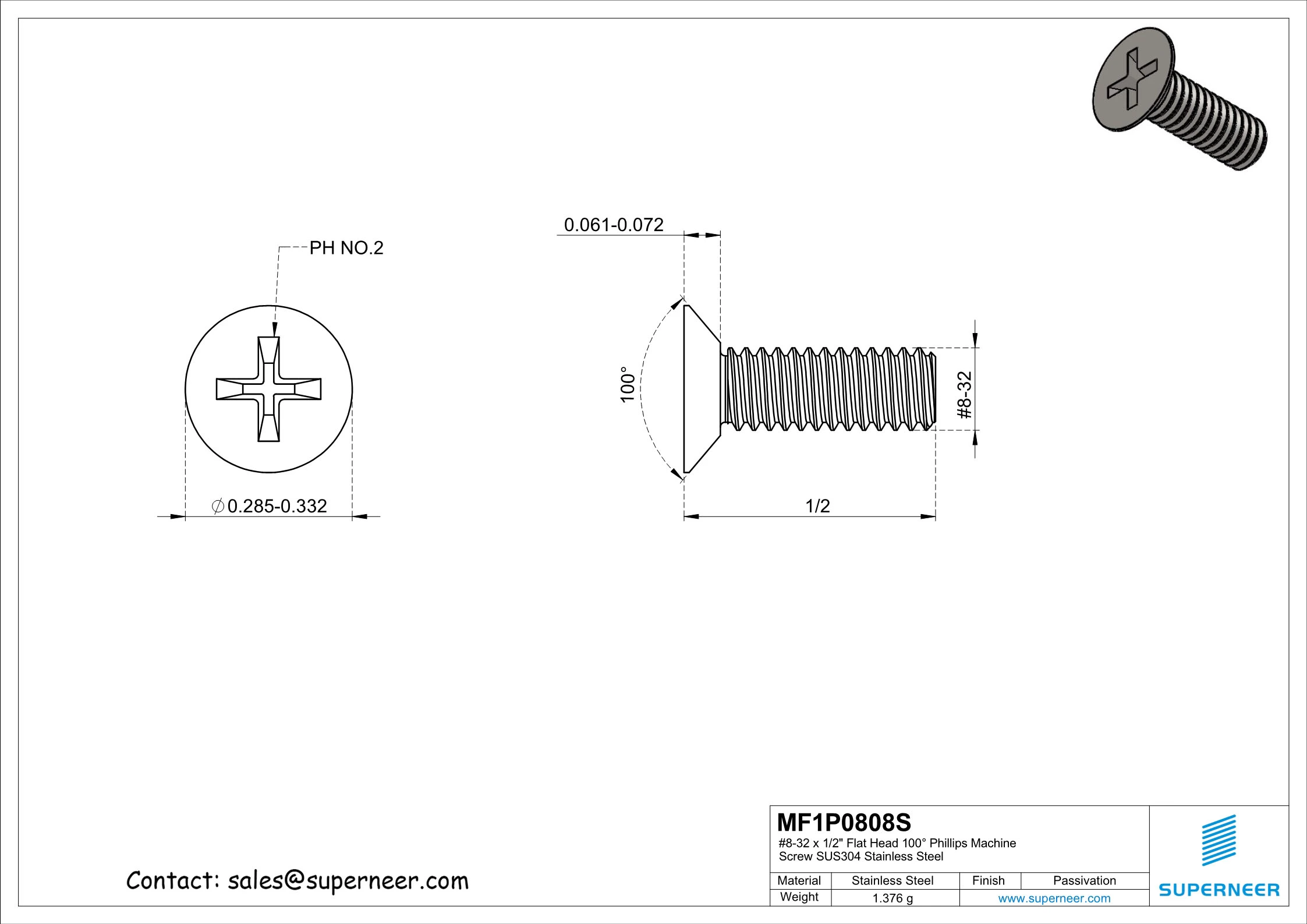 8-32 x 1/2" Flat Head 100&deg; Phillips Machine Screw SUS304 Stainless Steel Inox