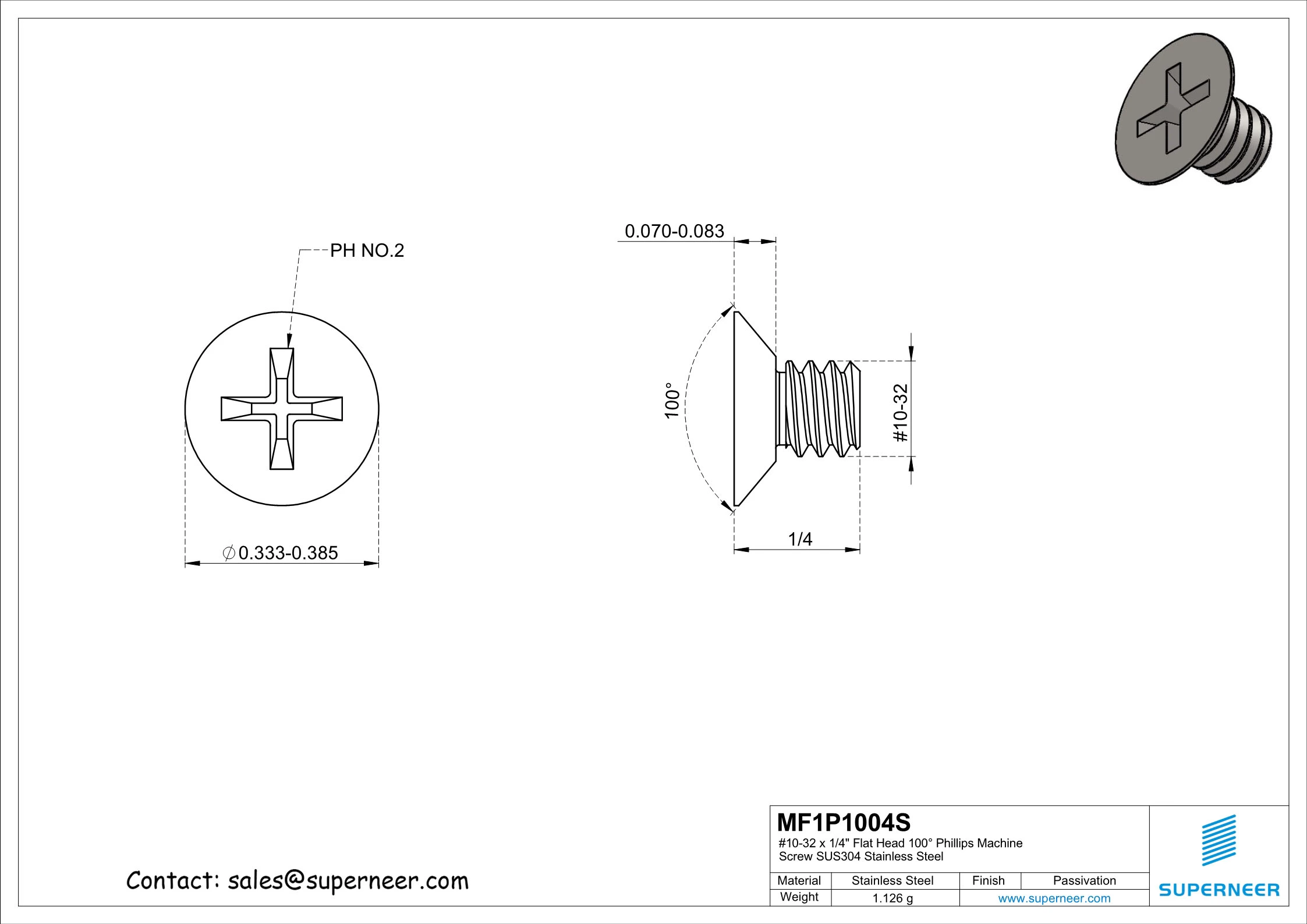 10-32 x 1/4" Flat Head 100&deg; Phillips Machine Screw SUS304 Stainless Steel Inox