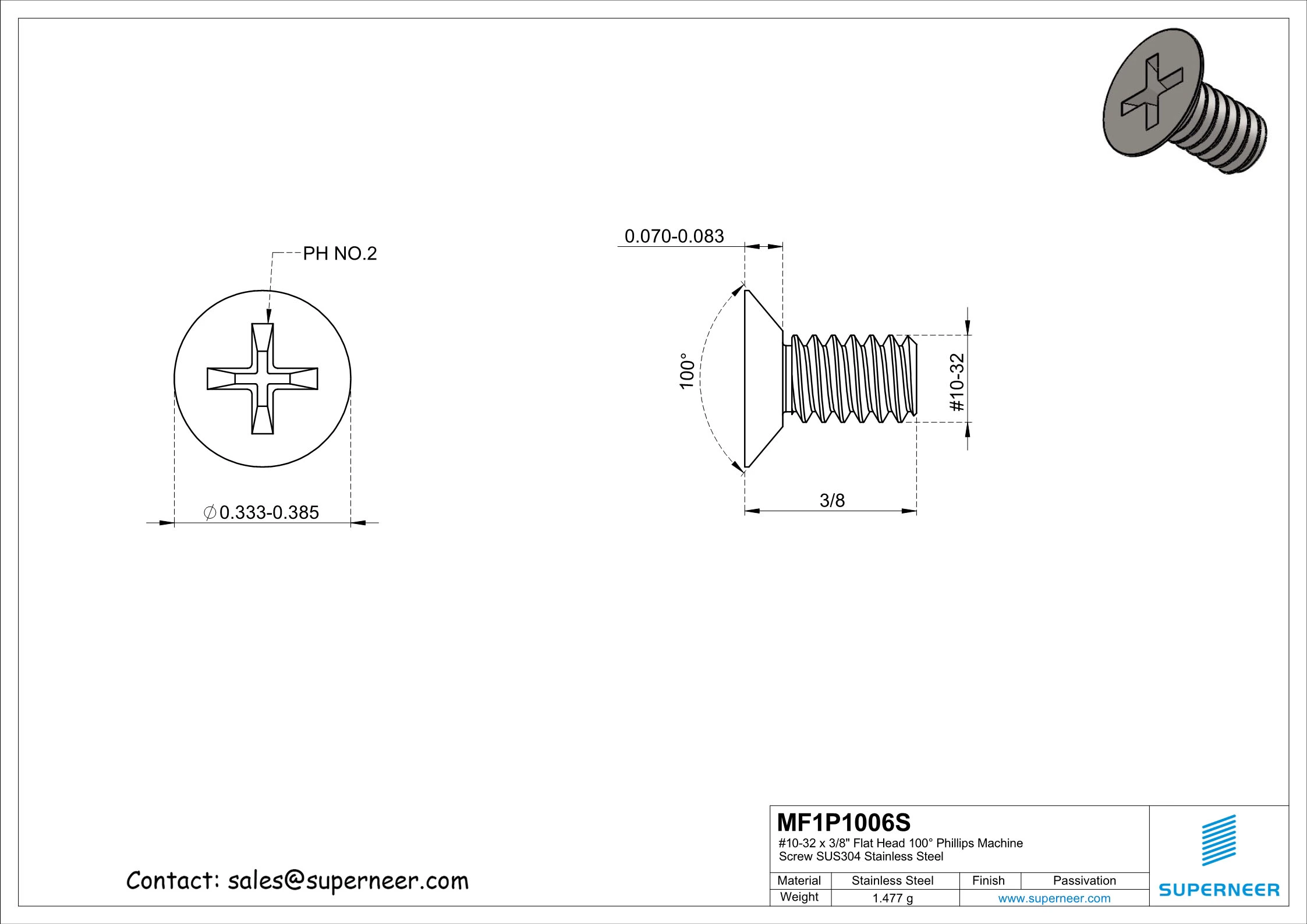 10-32 x 3/8" Flat Head 100&deg; Phillips Machine Screw SUS304 Stainless Steel Inox
