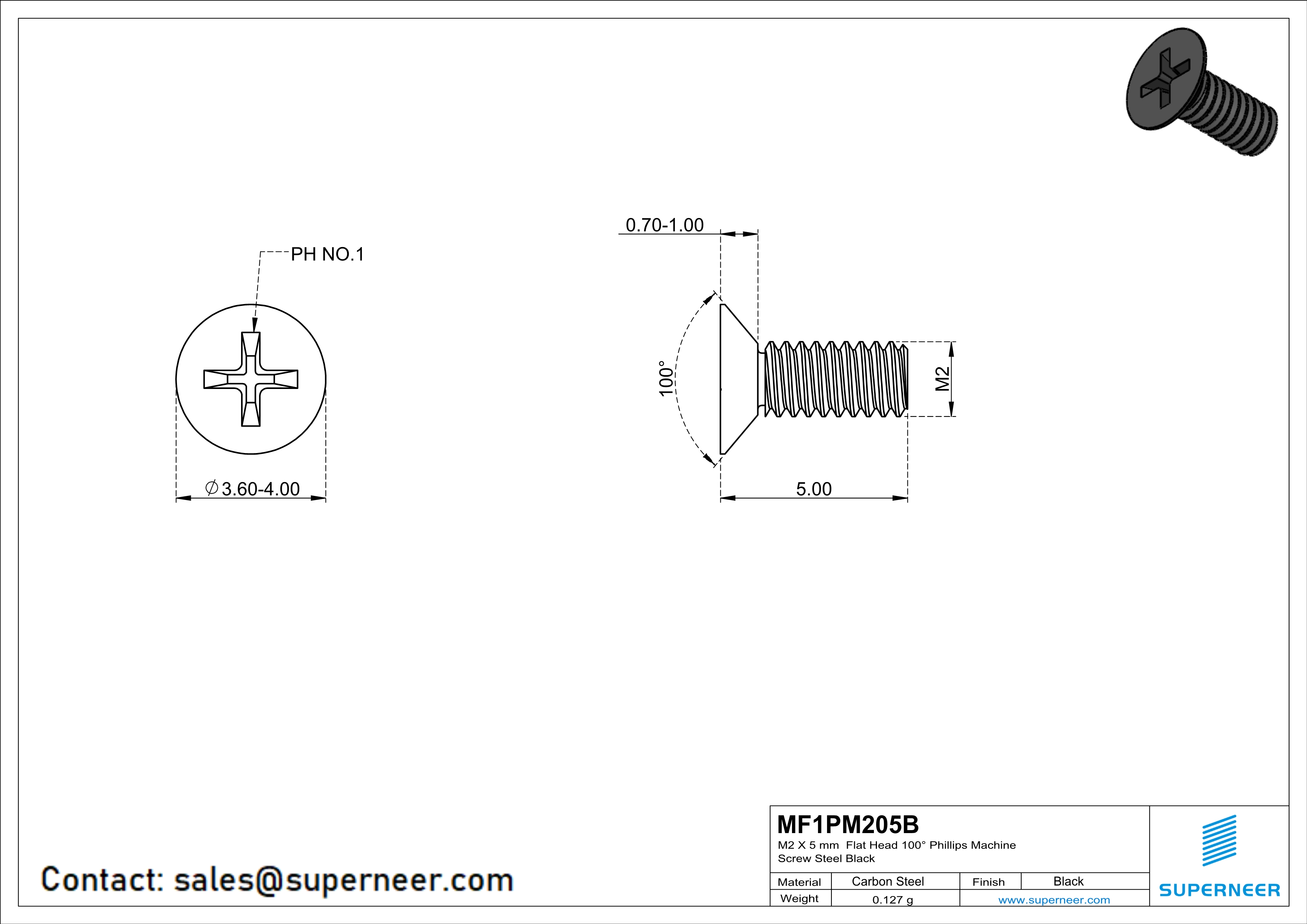 M2 x 5 mm Flat Head 100&deg; Phillips Machine Screw Steel Black