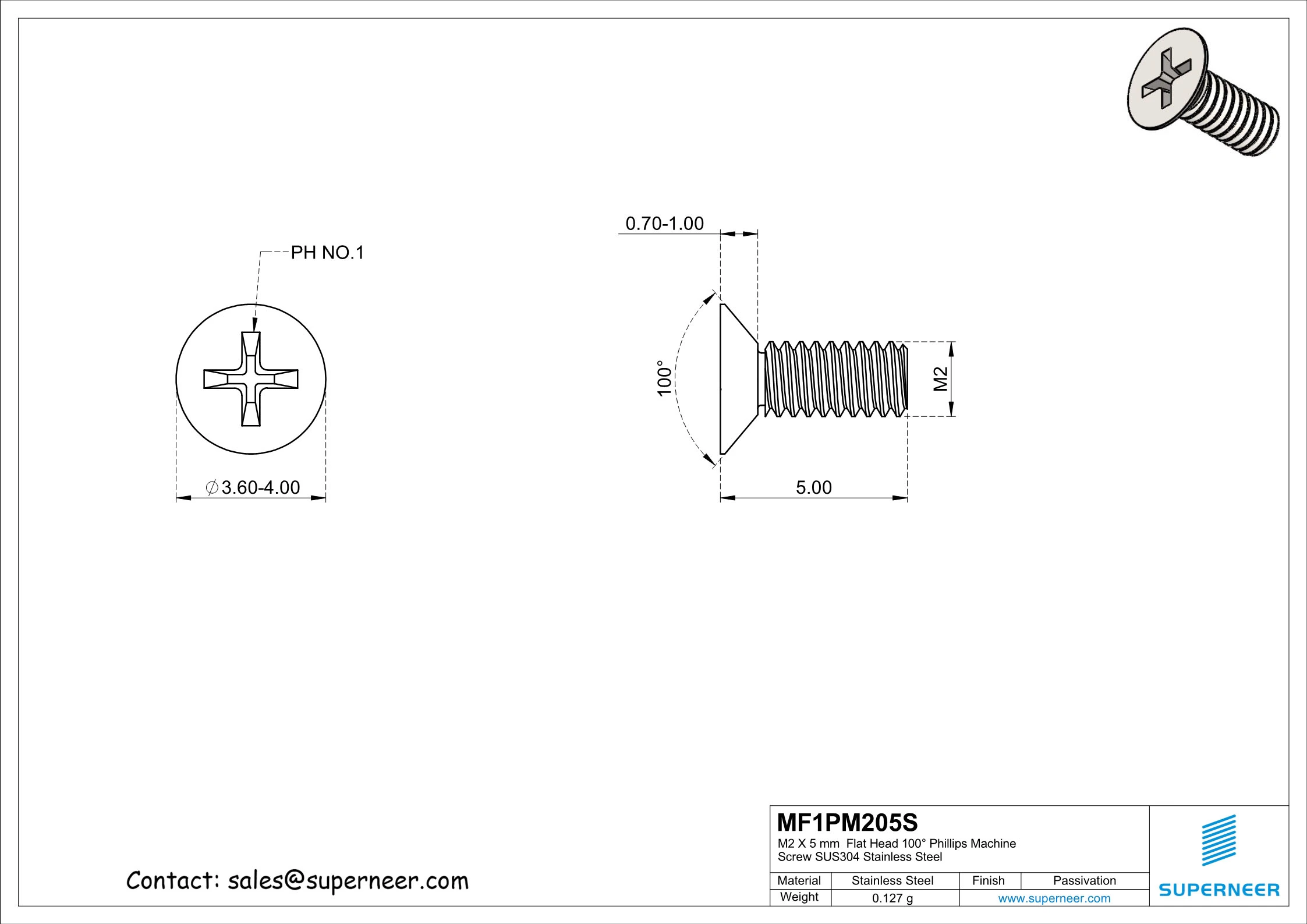 M2 x 5 mm  Flat Head 100&deg; Phillips Machine Screw SUS304 Stainless Steel Inox