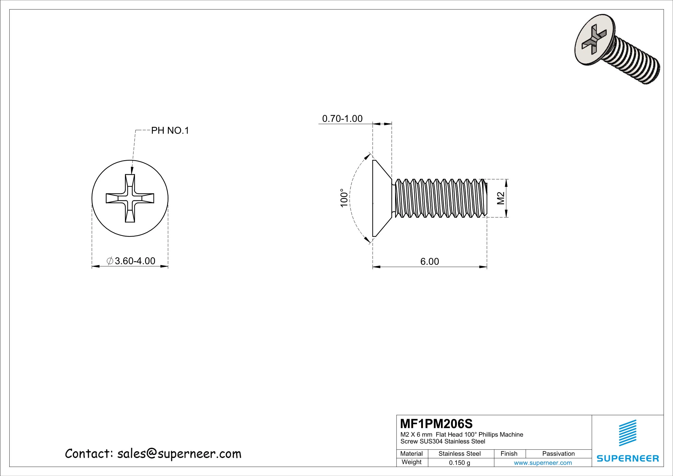 M2 x 6 mm  Flat Head 100&deg; Phillips Machine Screw SUS304 Stainless Steel Inox