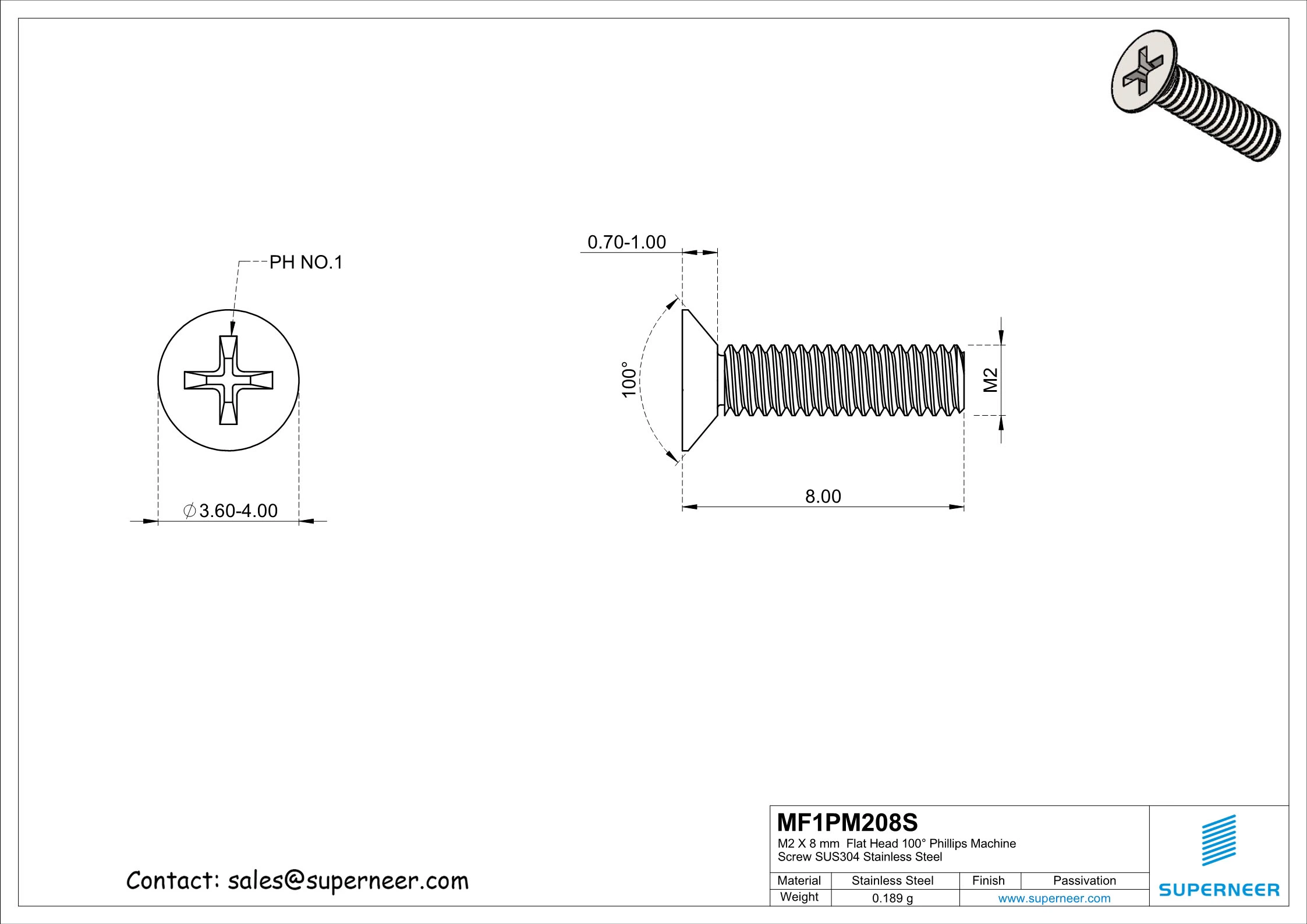 M2 x 8 mm  Flat Head 100&deg; Phillips Machine Screw SUS304 Stainless Steel Inox