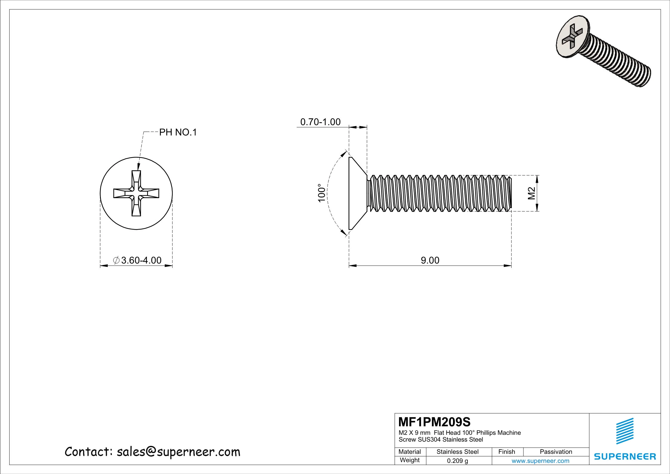 M2 x 9 mm  Flat Head 100&deg; Phillips Machine Screw SUS304 Stainless Steel Inox