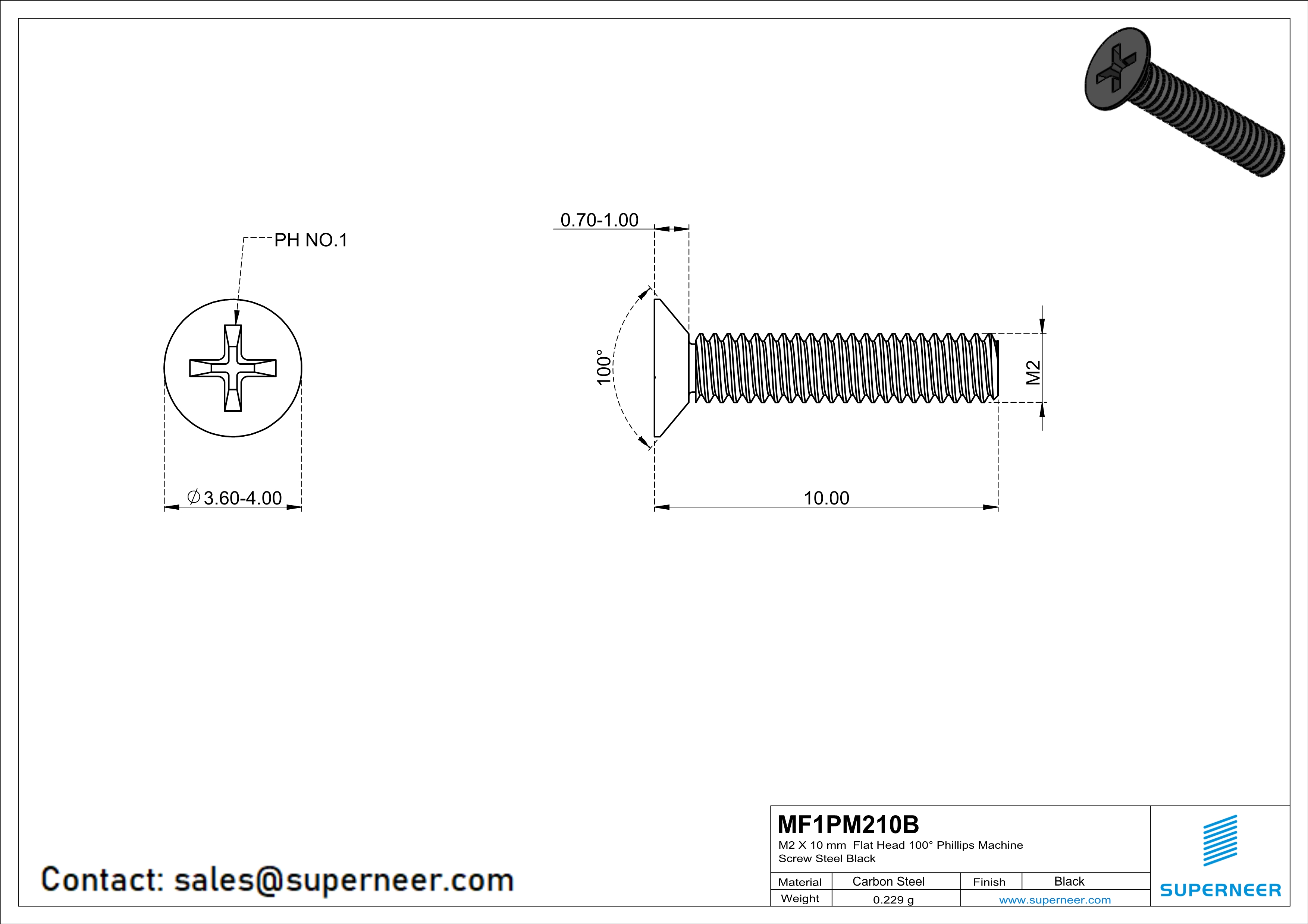 M2 x 10 mm Flat Head 100&deg; Phillips Machine Screw Steel Black