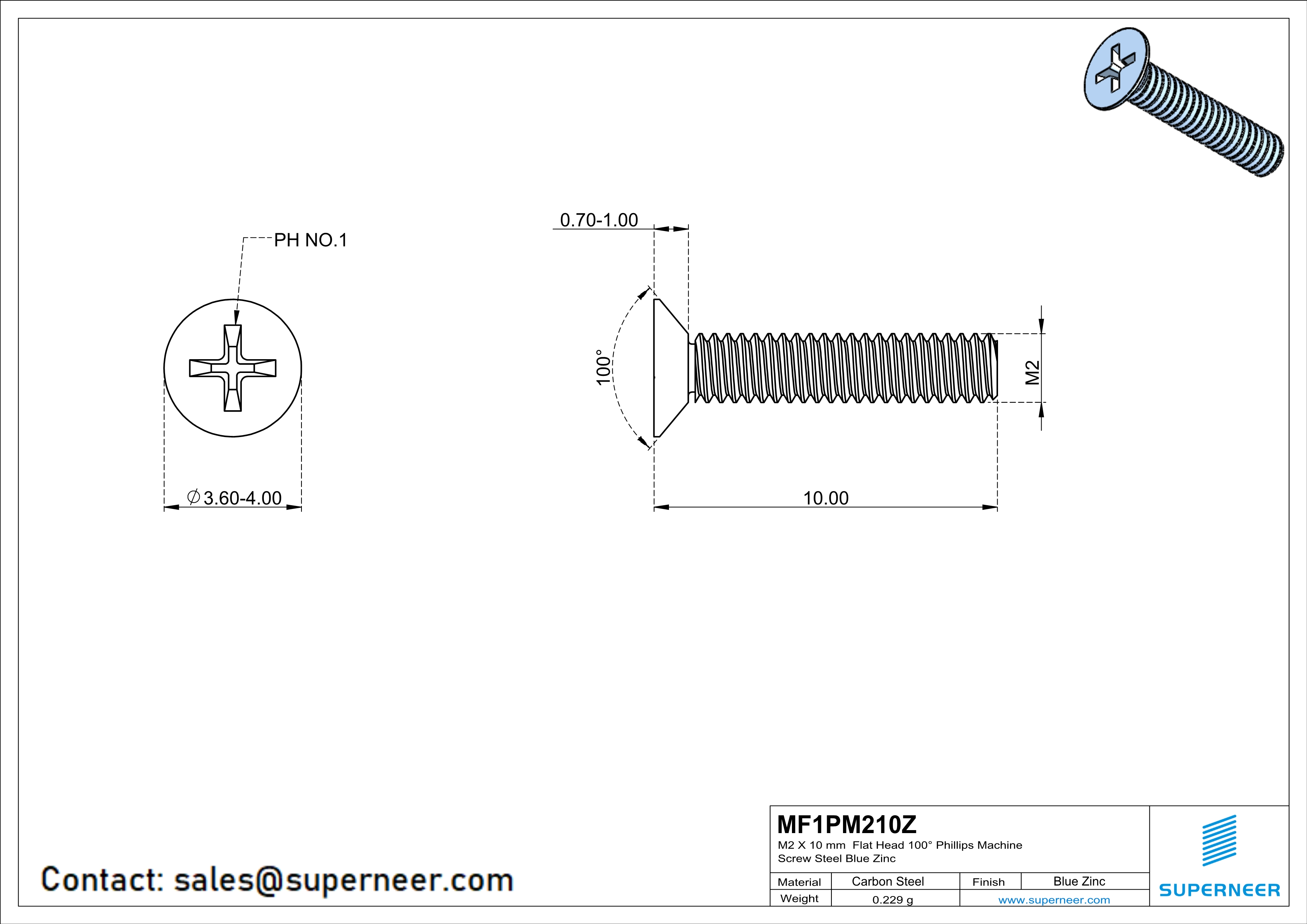 M2 x 10 mm Flat Head 100&deg; Phillips Machine Screw Steel Blue Zinc Plated